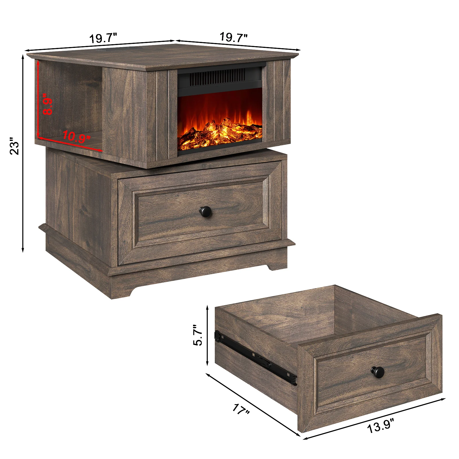 FAGAGA 3 In 1 Rotating Electric Fireplace Heater End Table with Storage and Fast Charging Station, Wooden Side Tables Nightstands for Living Room, Bedroom, Office, Brown