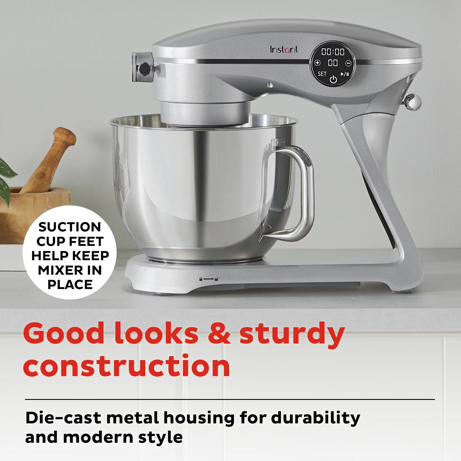Instant 7.4 qt Stand Mixer Pro, 600W 10-Speed with Digital Interface and Dishwasher Safe Accessories, Silver