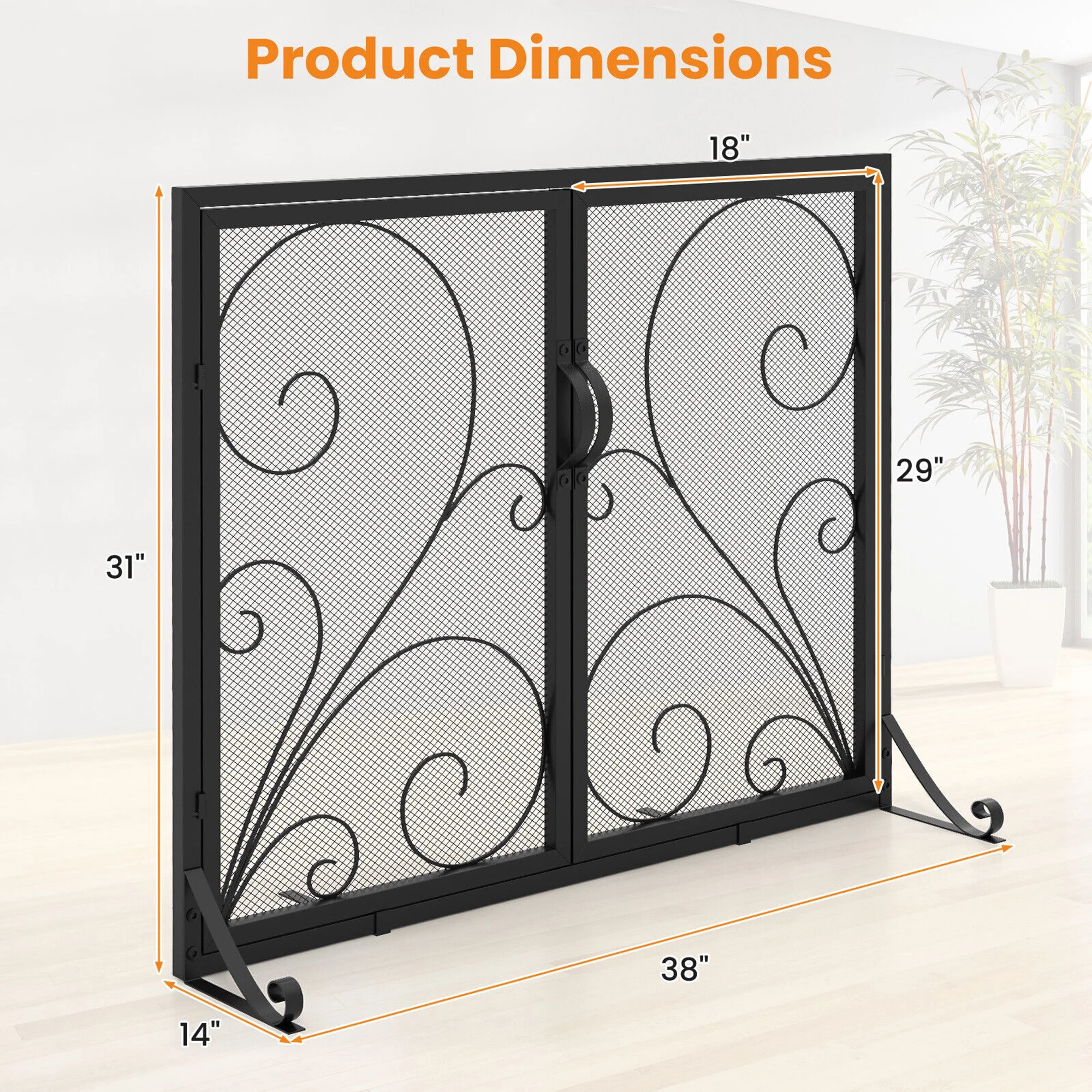 Gymax 38 x 31 Inch Double Door Fireplace Screen w/ Magnetic Panels Stable Support Rear