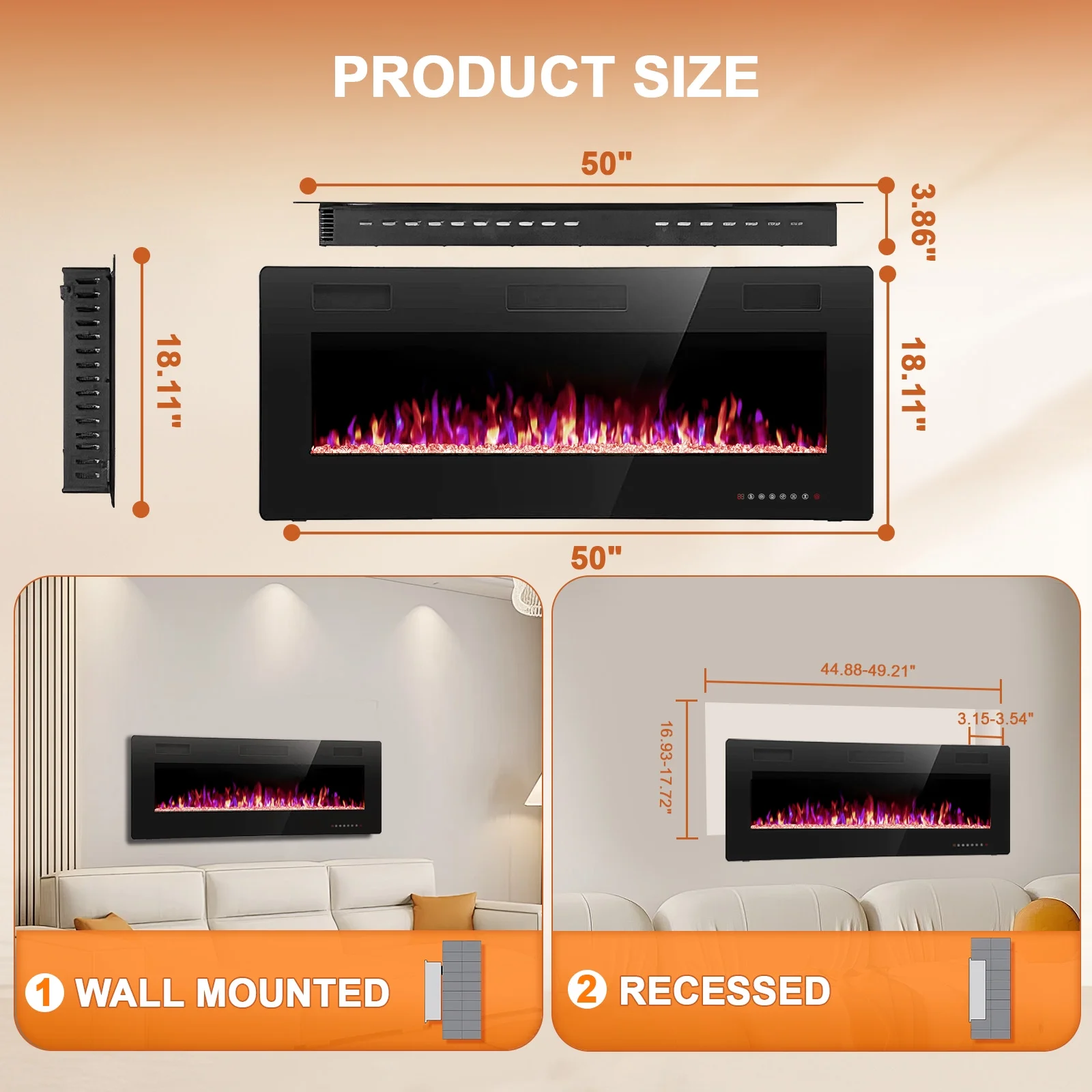 KISSAIR 50'' 1500W Wall Mounted Recessed Electric Fireplace,12 Flame Color Modes,Touch Screen & Remote Control,Ultra Thin & Low Noise