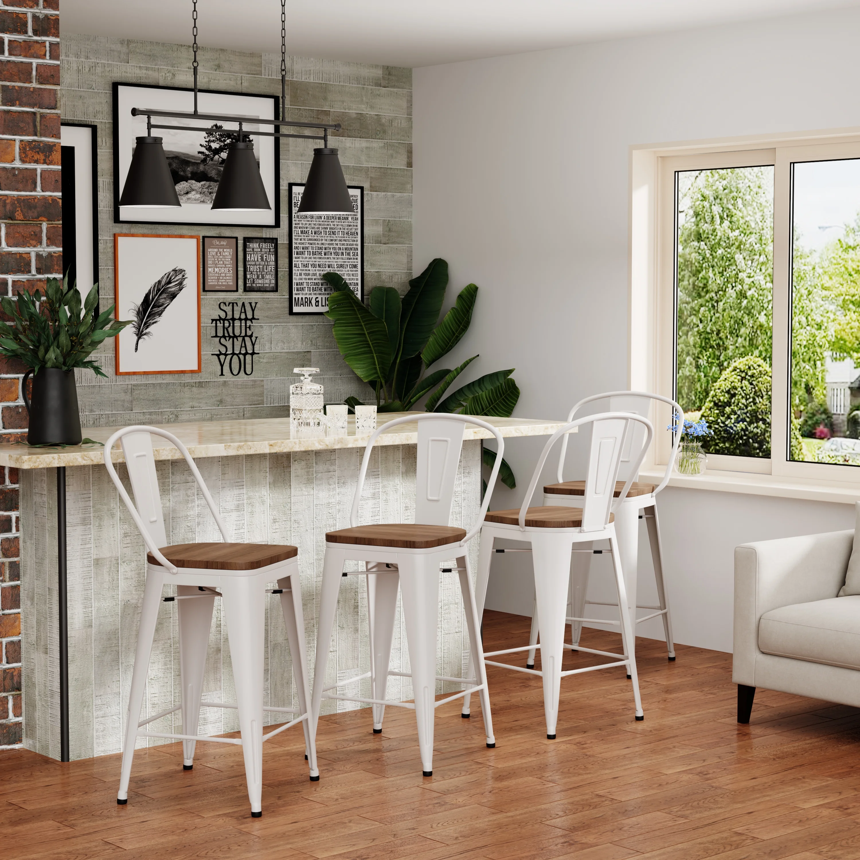 Andeworld 26' Bar Stools Set of 4,Counter Height Bar Stools with Larger Seat,Bar Stools with Back,Metal Bar Stools with Removable Back,Farmhouse Bar Stools,High Back Kitchen Bar Stools Chair Cream