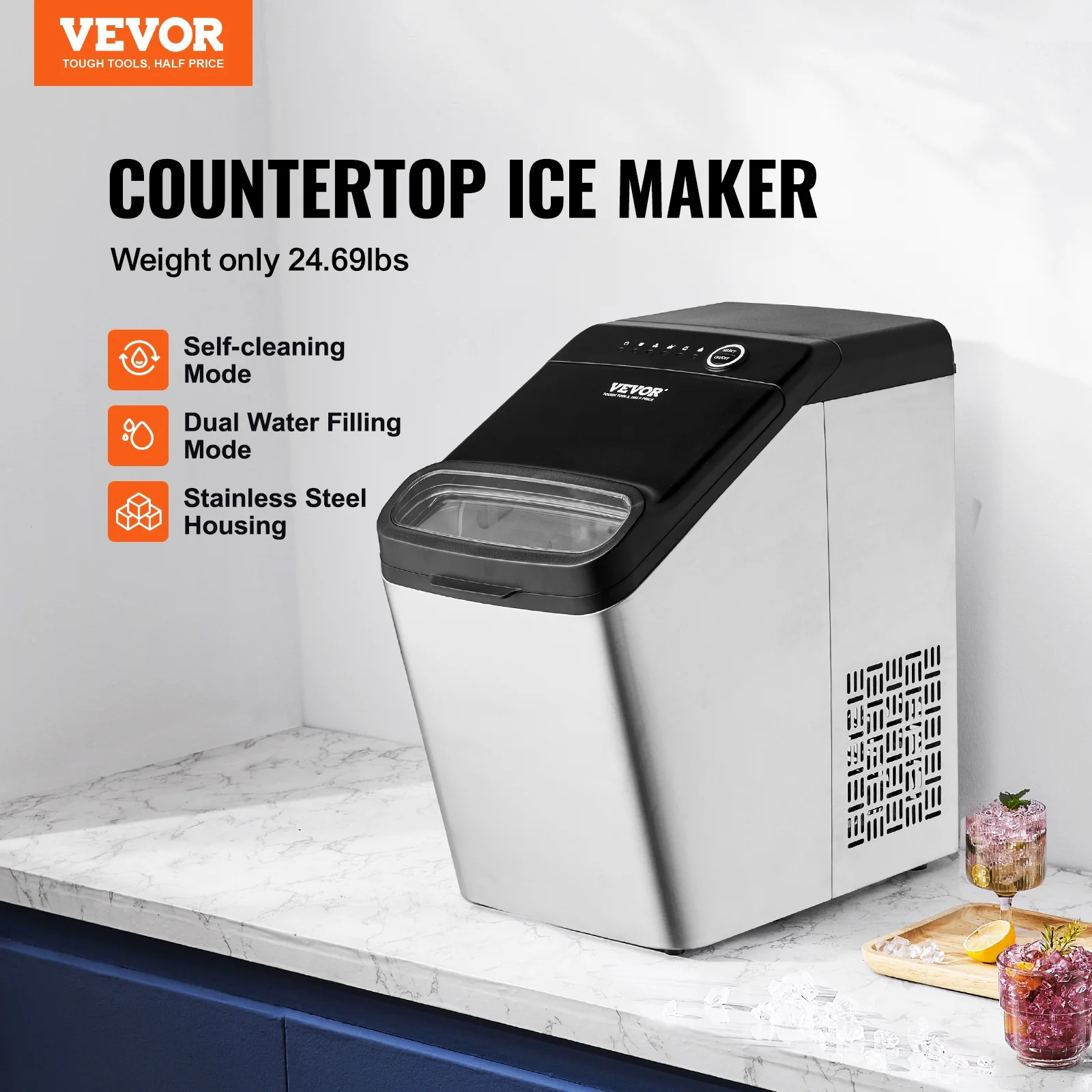 BENTISM Portable Countertop Ice Maker 33lbs/24H Self-Cleaning with Scoop Basket