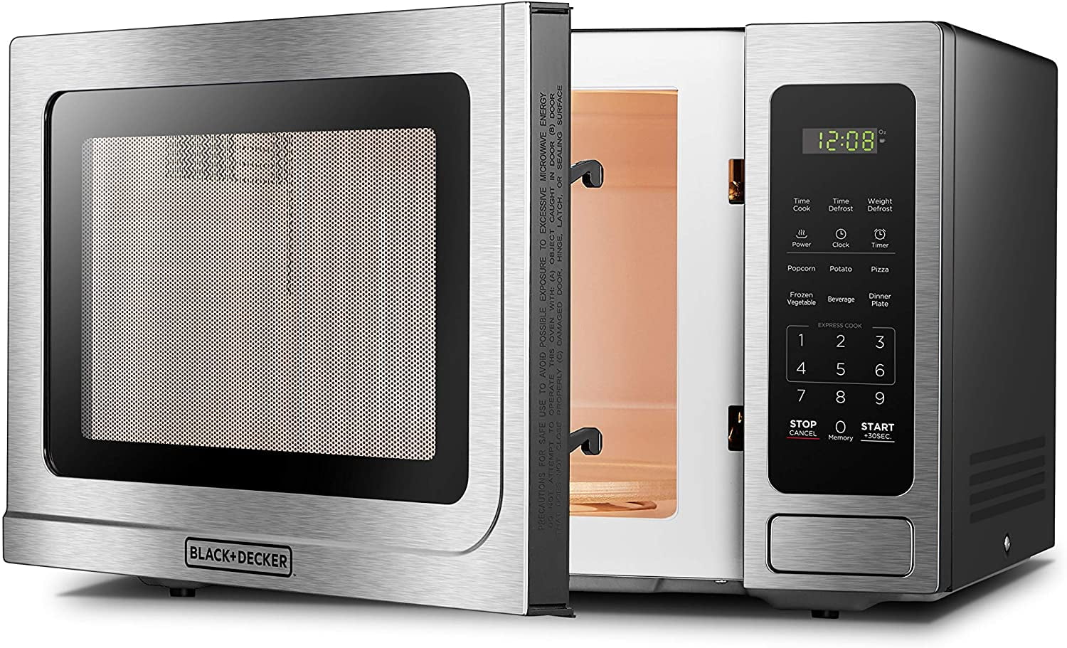 BLACK+DECKER EM036AB14 Digital Microwave Oven with Turntable Push-Button Door, Child Safety Lock, Stainless Steel, 1.4 Cu.ft