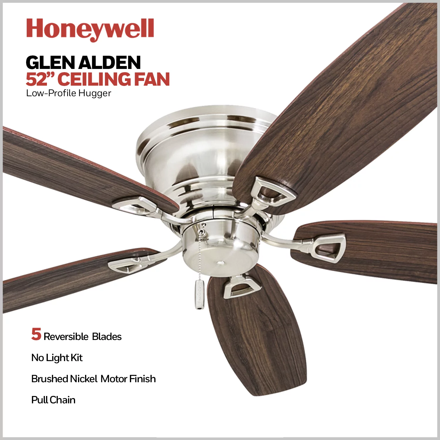 Honeywell Glen Alden 52' Nickel Low Profile Ceiling Fan with 5 Blades, Pull Chain Control & Reverse Airflow