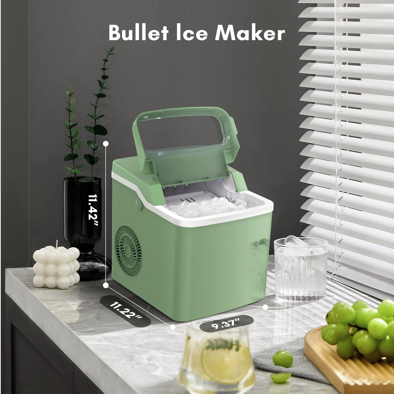 KISSAIR Portable Ice Maker Countertop, One-Click Operation Ice Makers with Ice Scoop and Basket, for Kitchen/Office/Bar/Party-Green