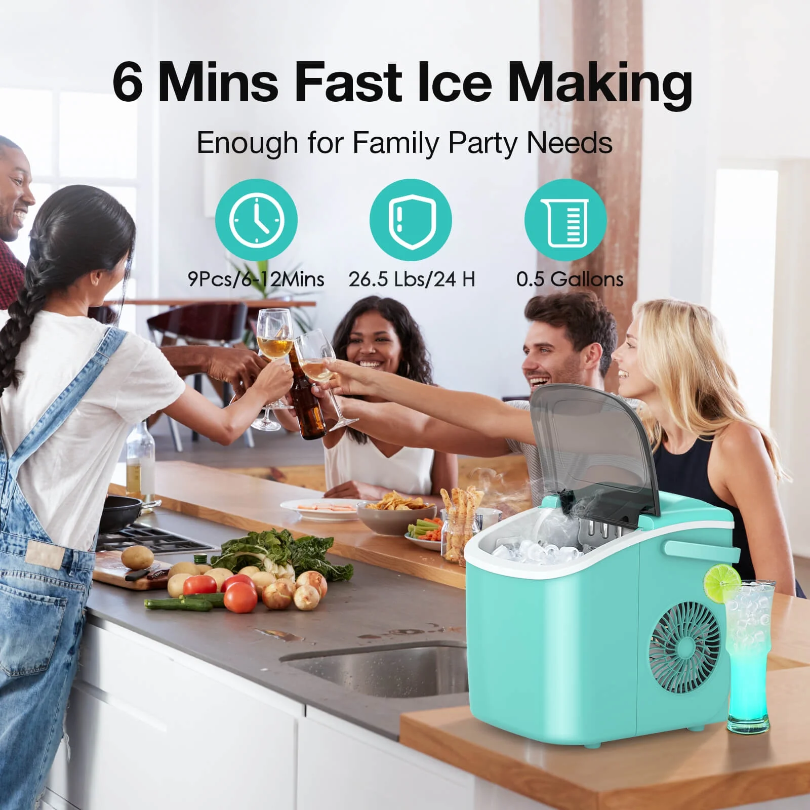 Fornido Countertop Ice Maker Portable Ice Machine with Handle, Self-Cleaning Ice Makers, 26Lbs/24H, 9 Ice Cubes Ready in 6 Mins, S/L Bullet Ice (Green)
