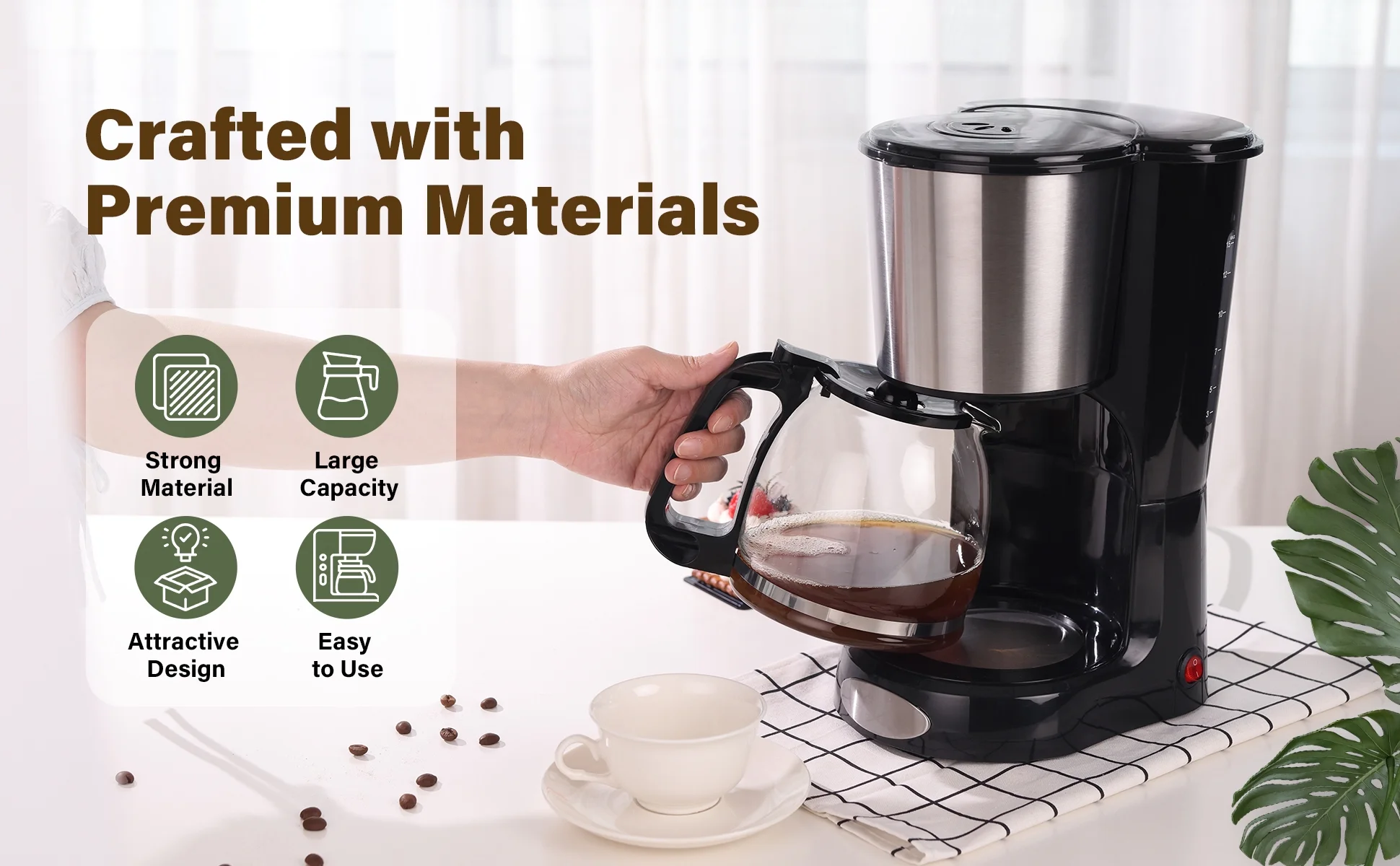 12-Cup Drip Coffee Maker Anti-Drip Coffee Machine Reusable Filter Keep-Warm Function Clear Water Level Window Coffee Machine Ideal for Home or Office