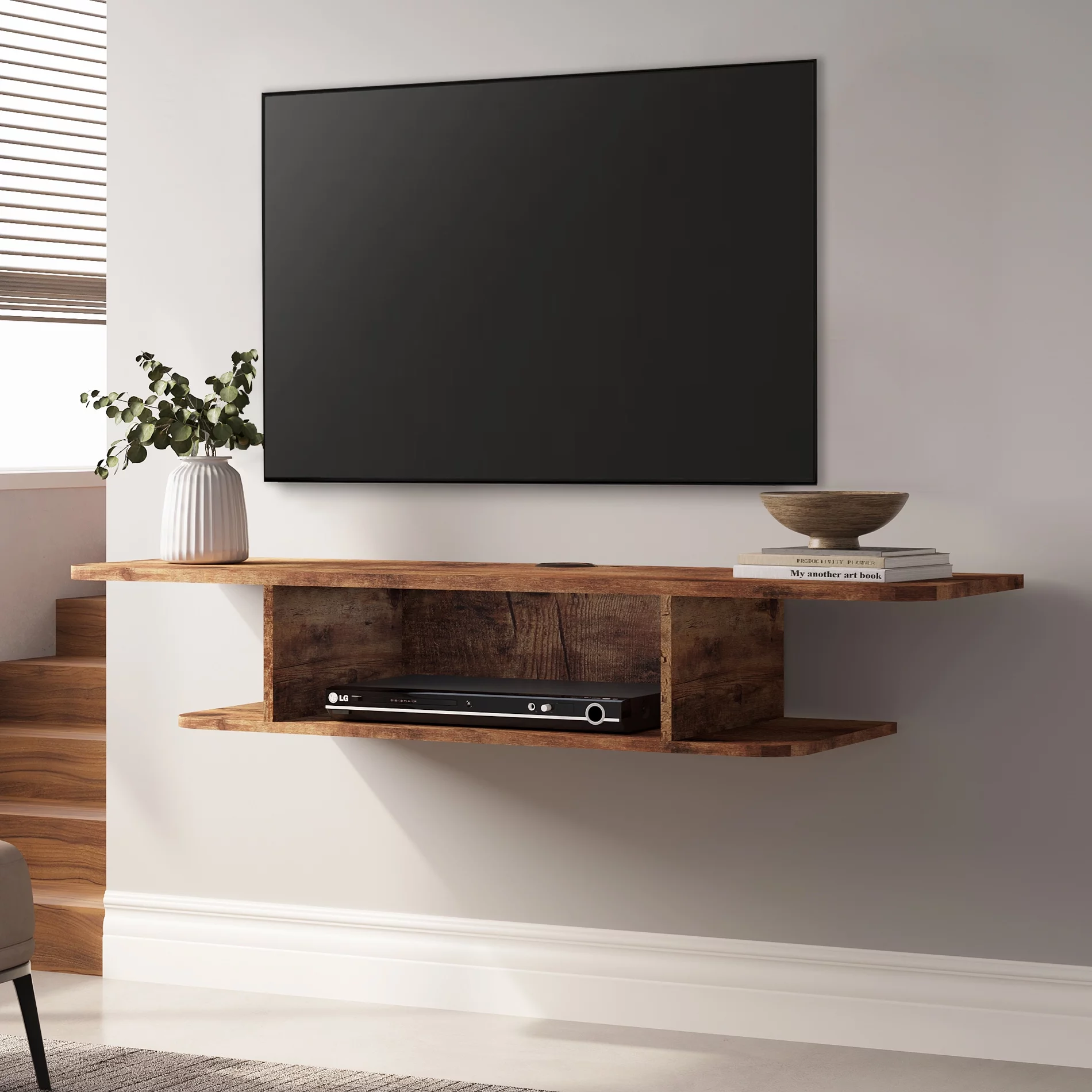 FITUEYES Floating Entertainment Center Wall Mounted Media Console, Modern Hanging TV Stand, Black & Golden Walnut