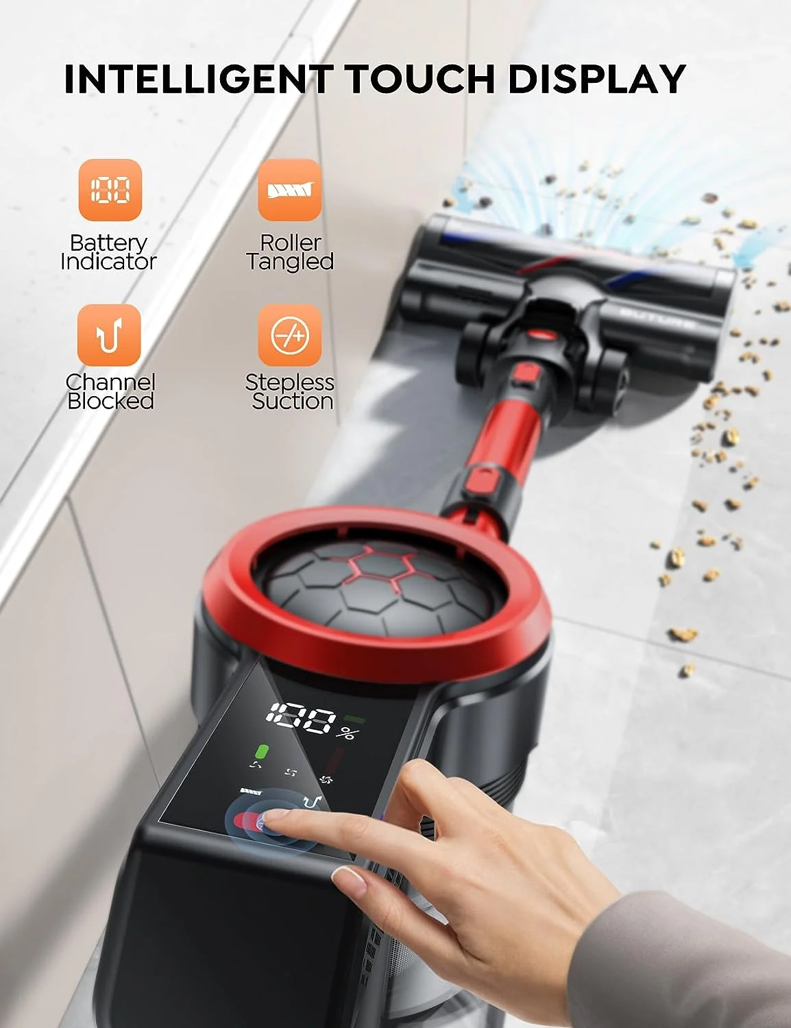 BUTURE Cordless Stick Vacuum with 450W 38KPA 55mins Runtime, Lightweight Cordless Vacuum Cleaner LED Display for Carpet Floor Pet Hair
