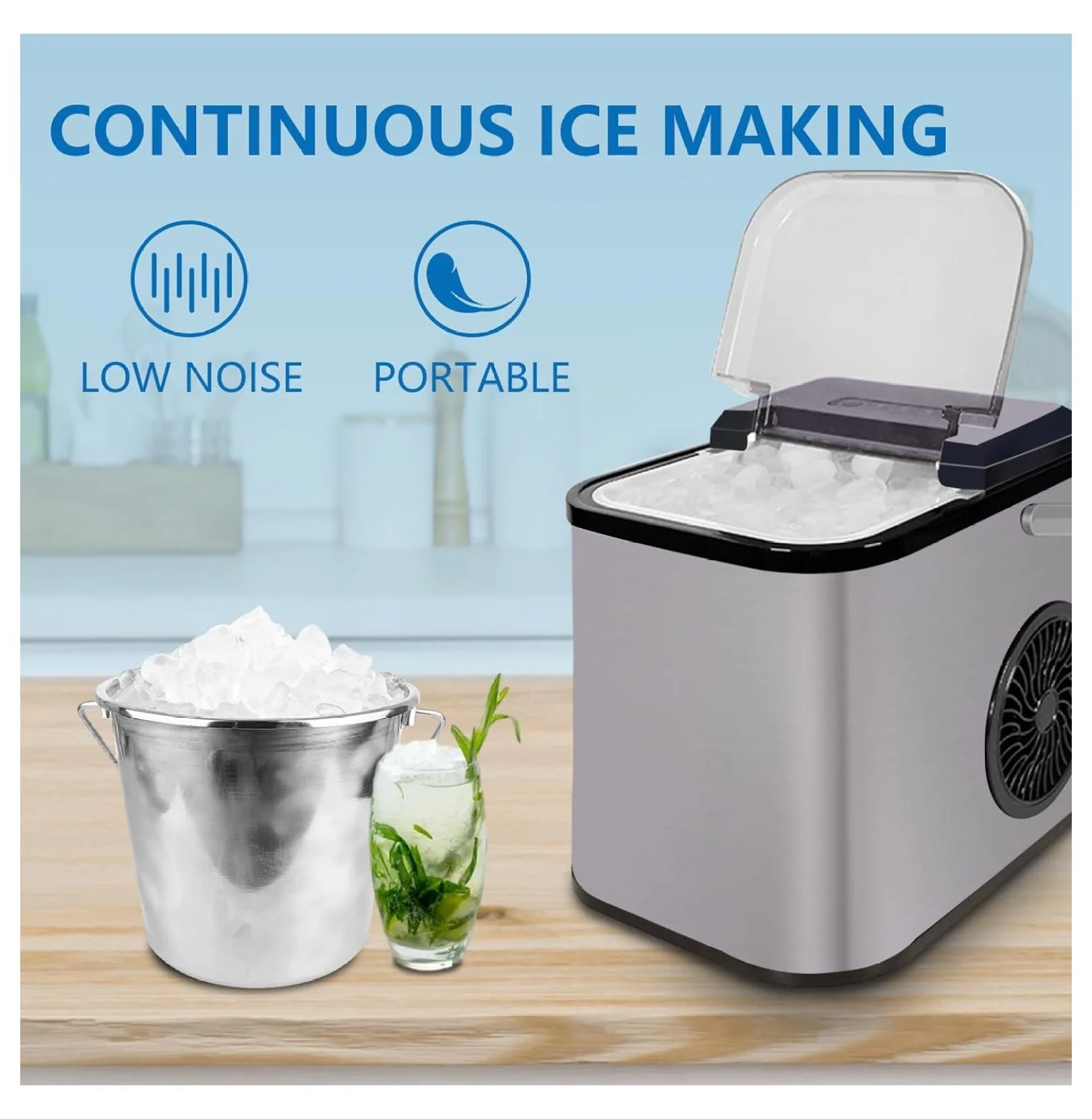 Countertop Nugget Ice Maker, 8 Ice Cubes Ready in 10 Mins Up to 22lbs of Ice a Day 1.8lbs Ice Capacity Refillable Water for Home Kitchen Office Bar Party (Red)