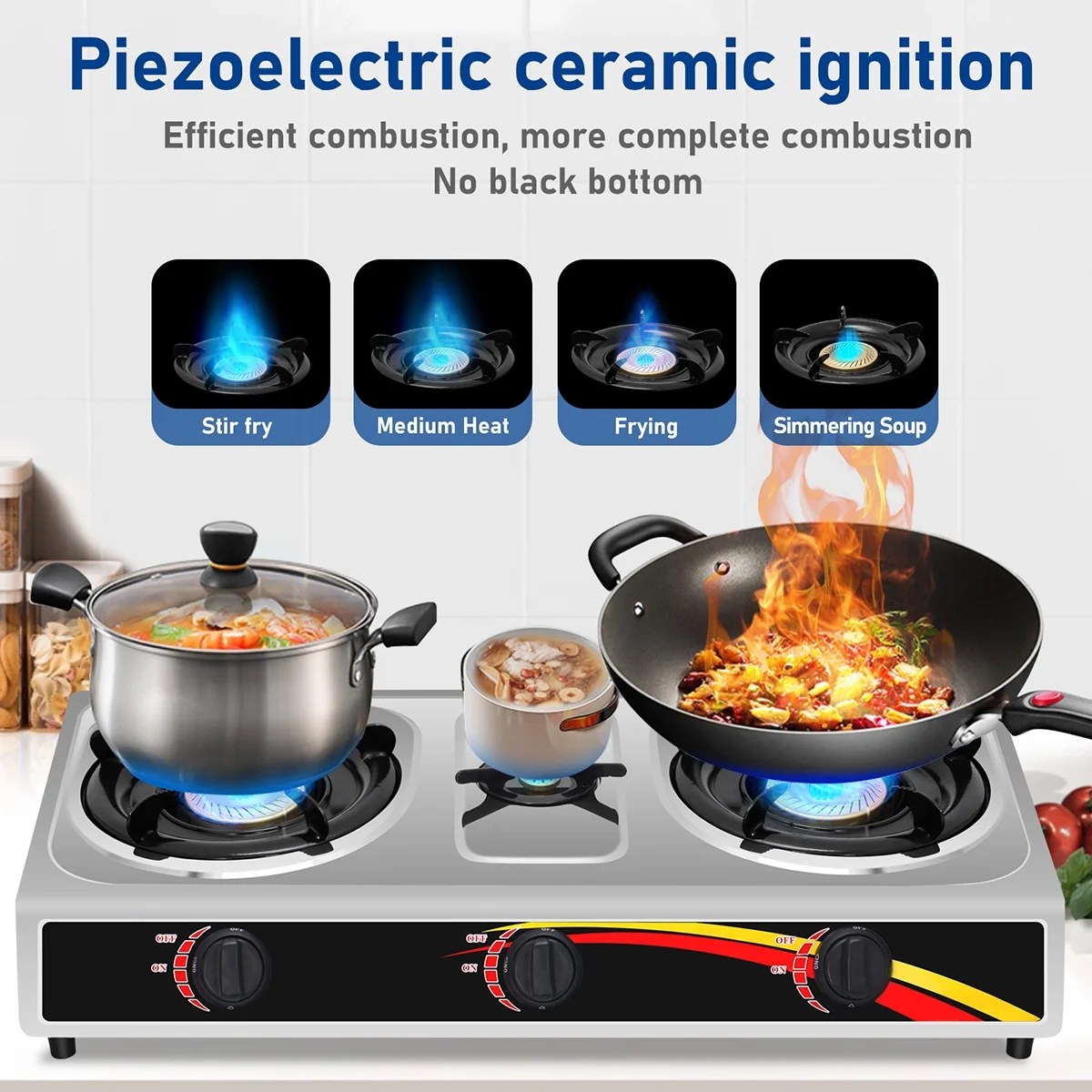 BuyWeek 3 Burner Gas Stove Portable Auto Ignition Stainless Steel Propane Gas Stove for Indoor Kitchen