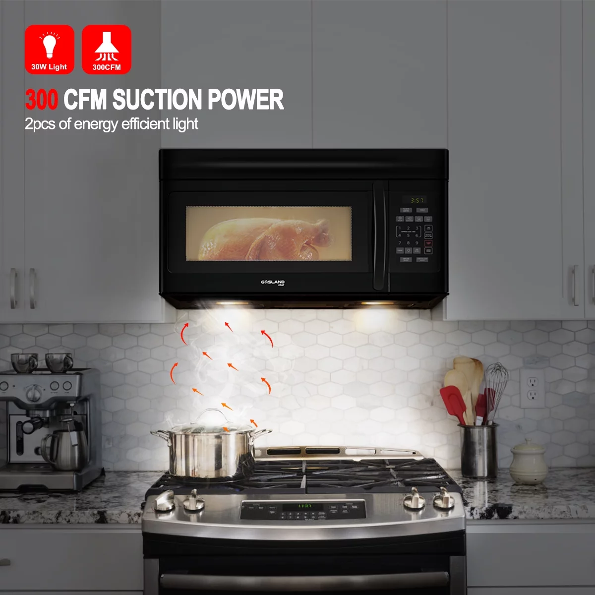 GASLAND Chef 30 inch over-the-Range Microwave Oven 1.6 cu. ft. ,300 CFM in Black, 13' Glass Turntable