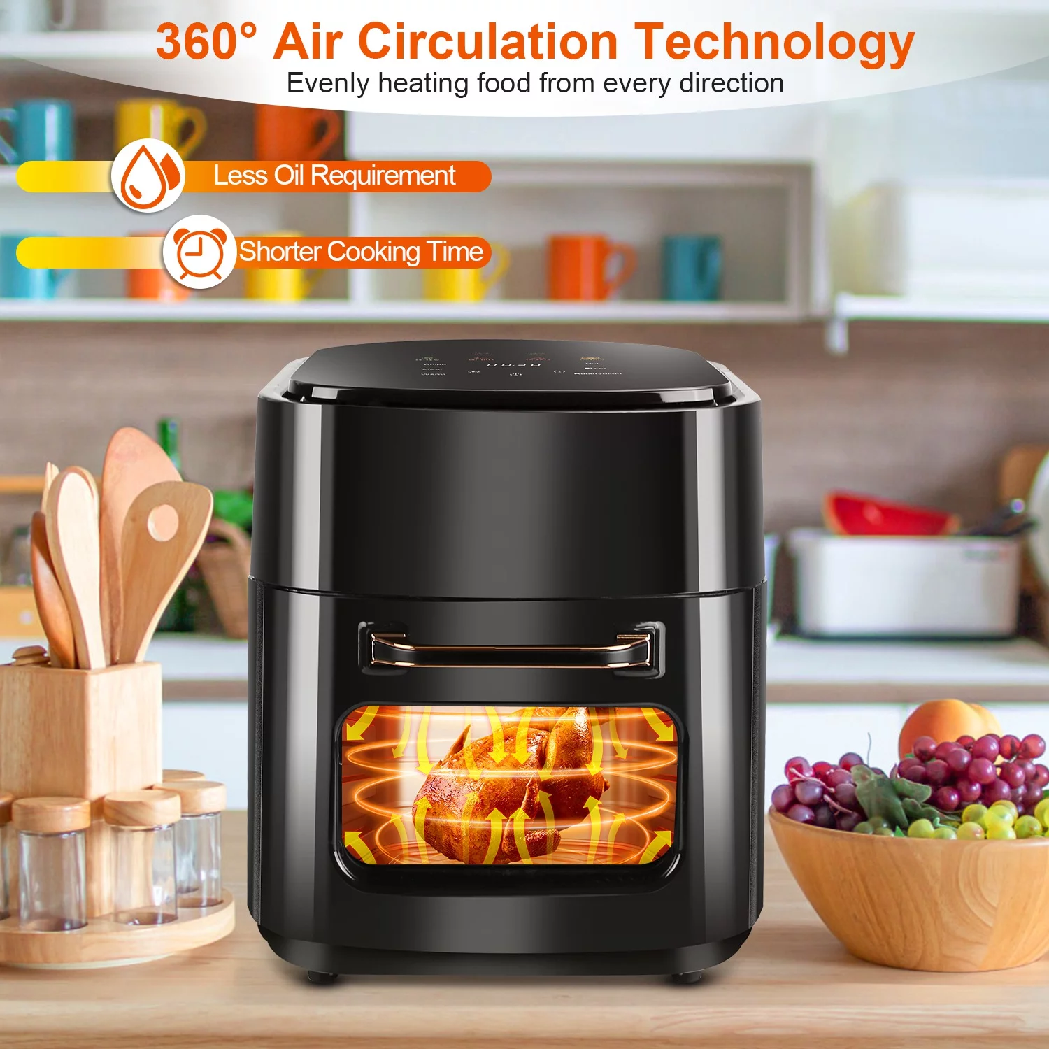 iMounTEK Air Fryer Oven 15.8QT 1400W Powerful Cooking Oilless Cooker Crisp Bake Grill with Dehydrate Touch Screen Visible Window 11.81x11.02x14.96in, Black