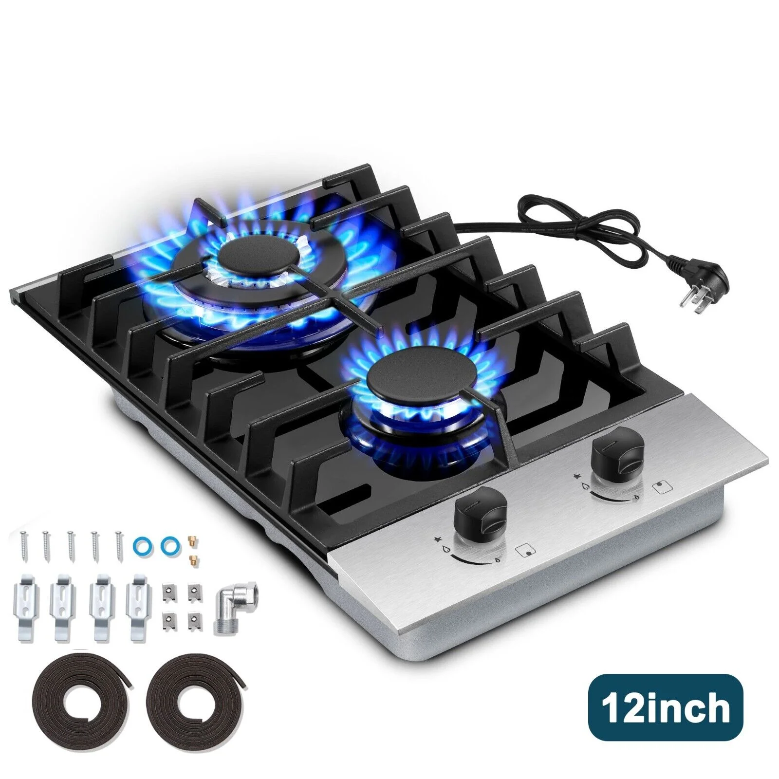 2-Burners Gas Cooktop 12 inch Stainless Steel Tempered Glass NG/LPG Convertible