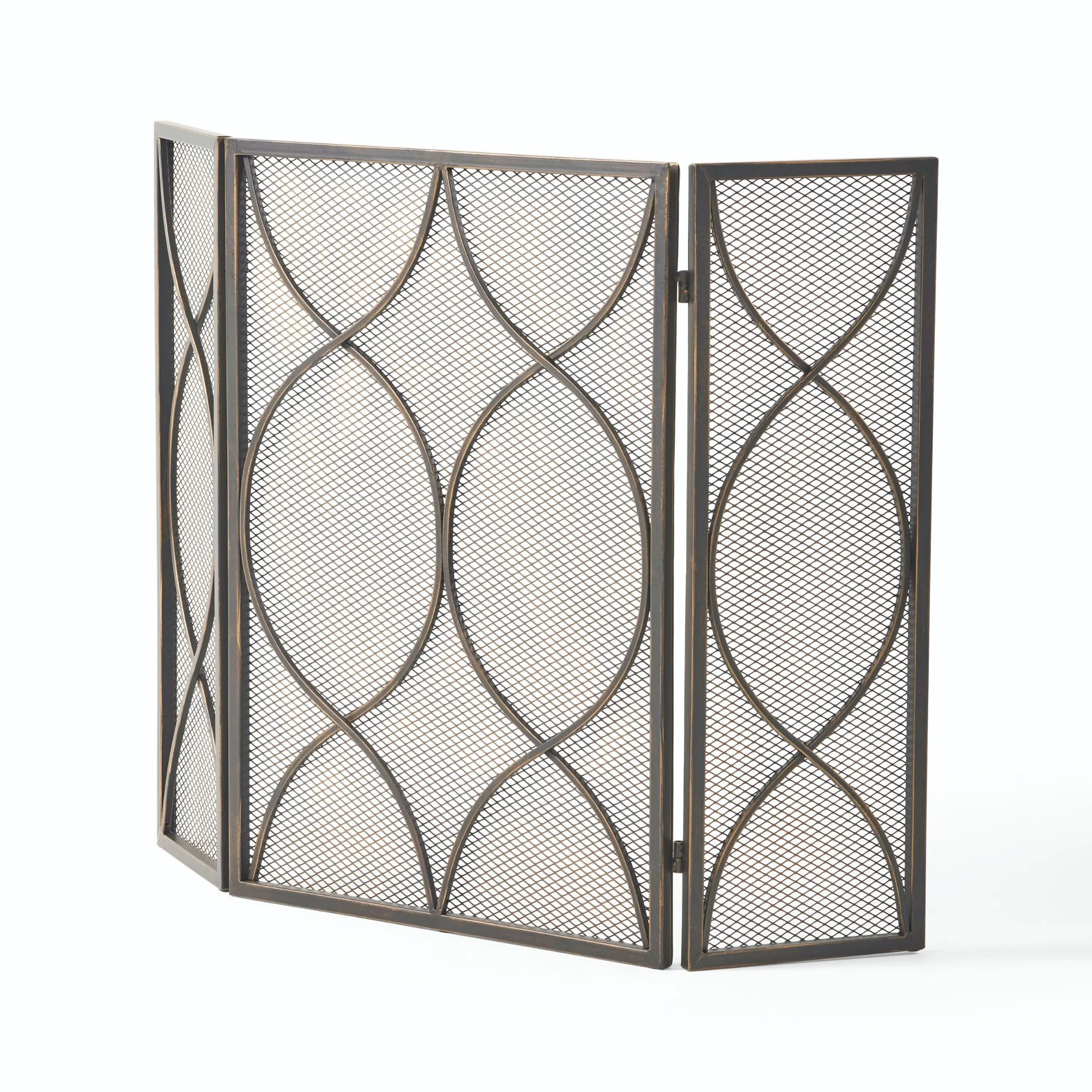 41' Black Contemporary Curved Geometric Accent Three Panel Fireplace Screen