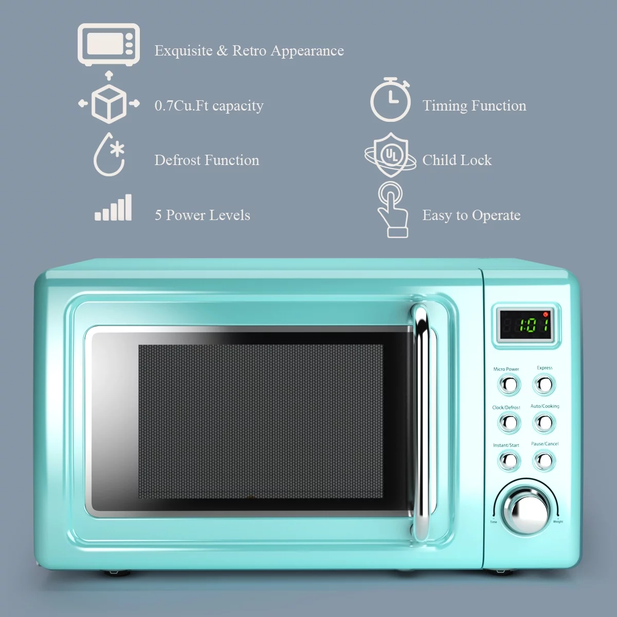 Costway 0.7Cu.ft Retro Countertop Microwave Oven 700W LED Display Glass Turntable Green