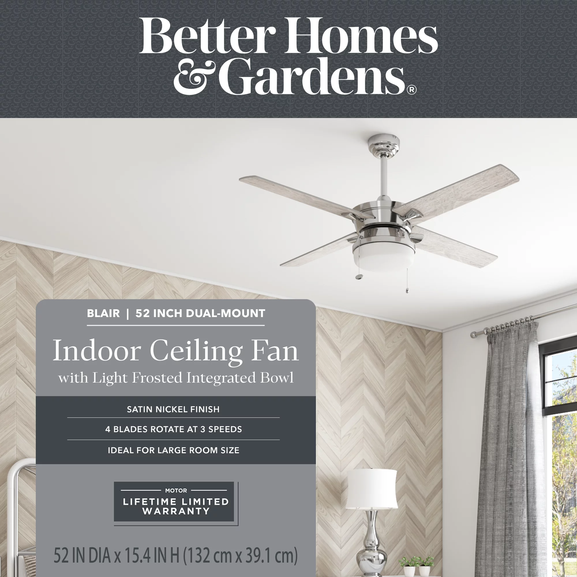 Better Homes & Gardens Blair 52' Nickel Modern Indoor Ceiling Fan with Light, 4 Blades, Pull Chains & Reverse Airflow
