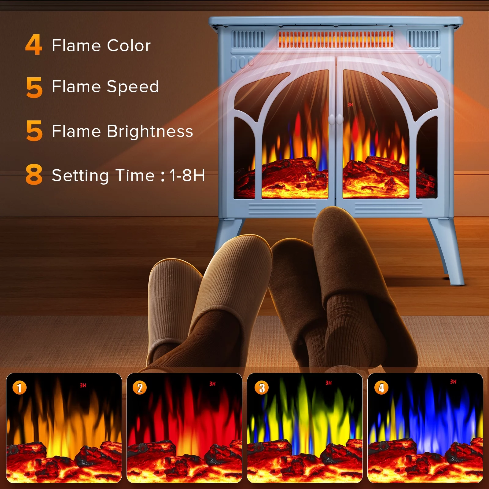 Auseo Electric Fireplace Heater 25'' with 3D Realistic Flame Effect, Freestanding Fireplace with Remote Control, Timer, Different Flame Color,2 Heating Modes 500W/1500W, Blue