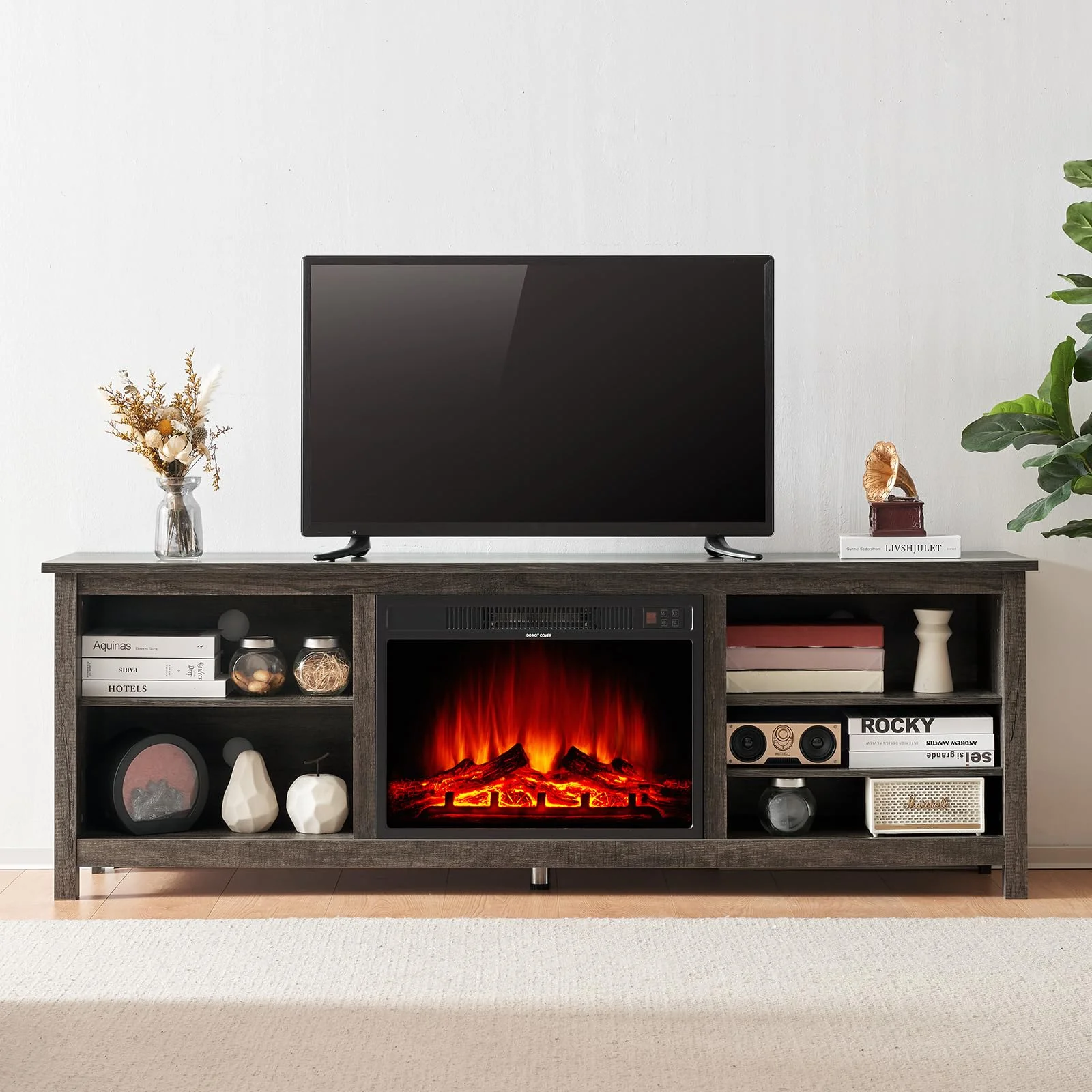 AMERLIFE Fireplace TV Stand, Wood Texture Entertainment Center, Rustic Grey