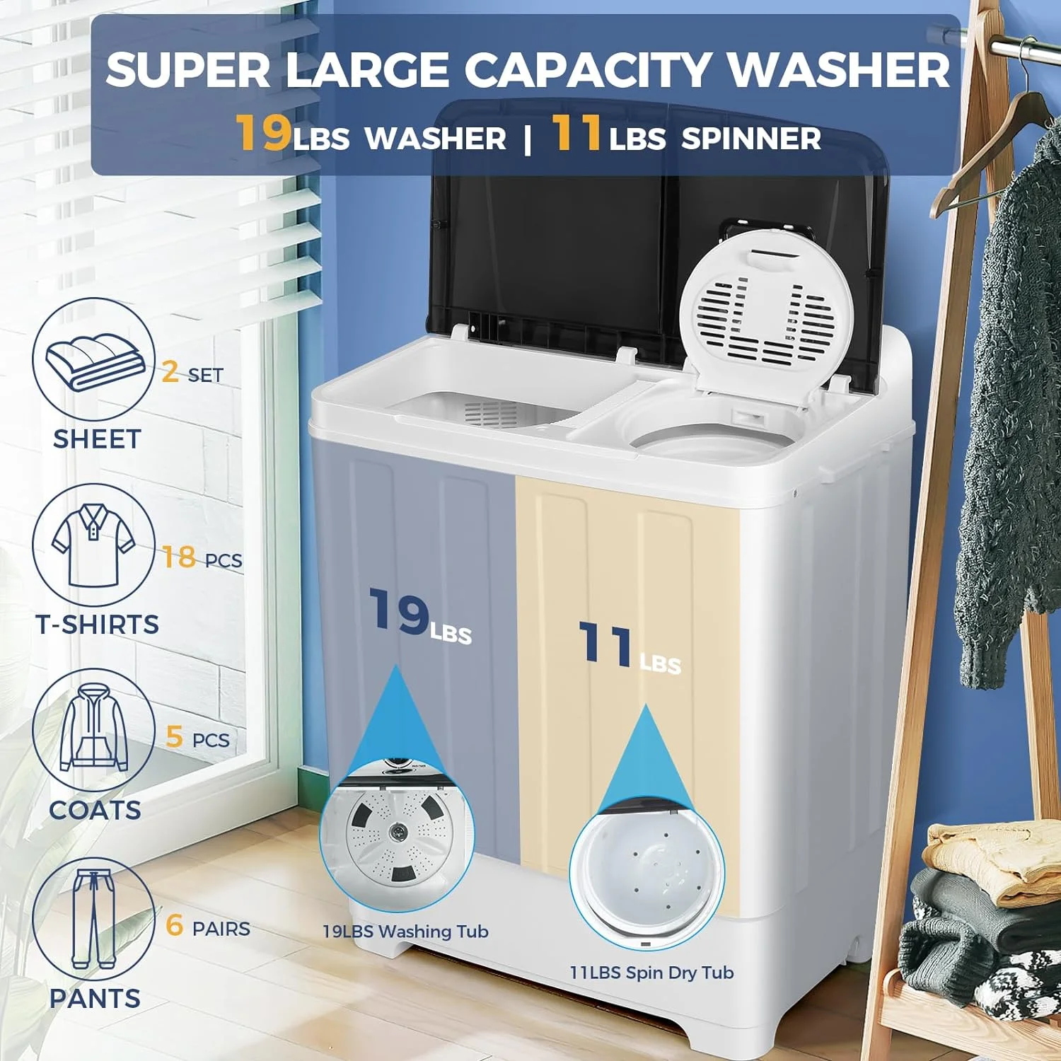 AUCHI Portable Washing Machine, 30Lbs Twin Tub Washer and Dryer Combo, 2 in 1 Mini Washer with Built-in Drain Pump/Time Control, Semi-Auto 19Lbs Washer 11Lbs Spinner for Home, Apartments, RVs