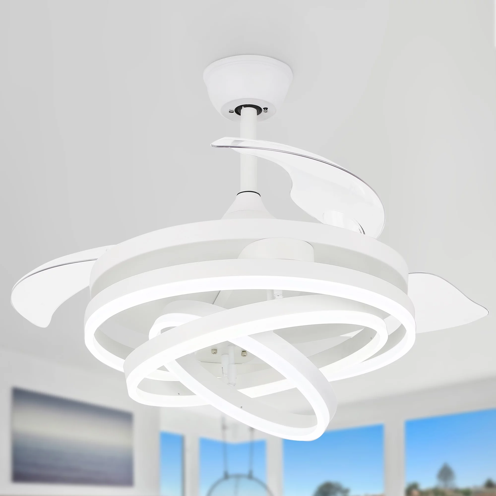 Cusp Barn 42 inches Retractable Ceiling Fan with Light and Remote, Modern Adjustable DIY Shape 3-Color Changing LED Ceiling Light for Bedroom Living Room