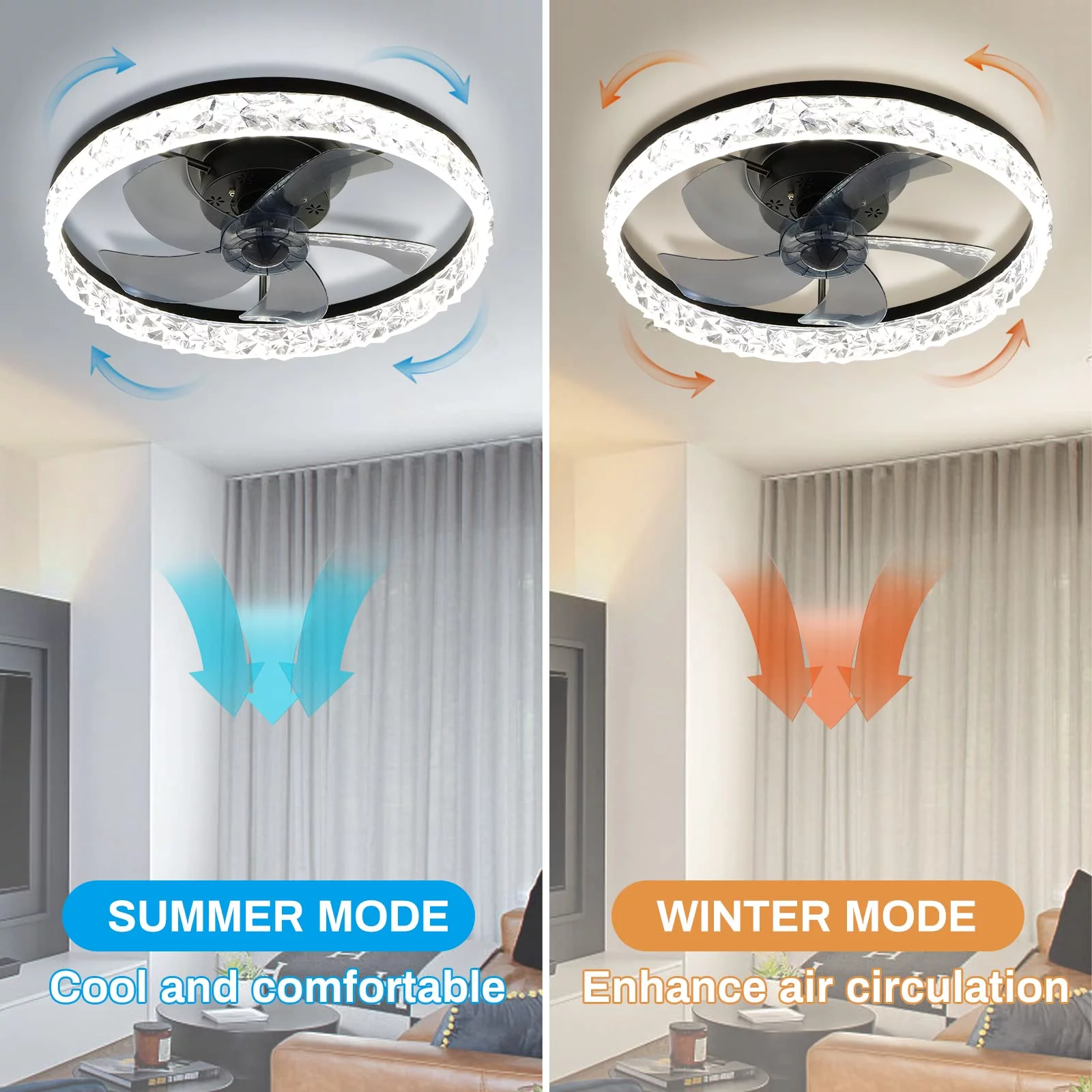 FRIXCHUR 20' Modern Ceiling Fan with Lights and Remote Dimmable Low Profile Ceiling Fans Indoor Flush Mount Ceiling Fan Light for Bedroom Living Room Kitchen(Black 6 Speeds 3 Colors Change)