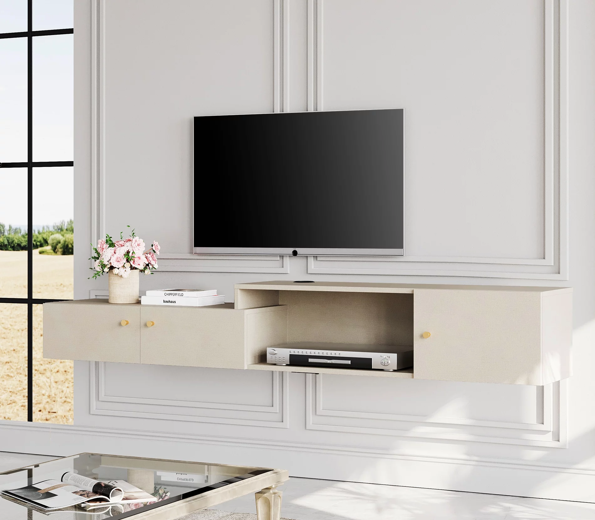 Floating Entertainment Center with Charging Station, Wall Mounted TV Stand with Colorful Light, Media Console Center with Storage, Modern Shelf Hanging Hutch Component Under TV,70''