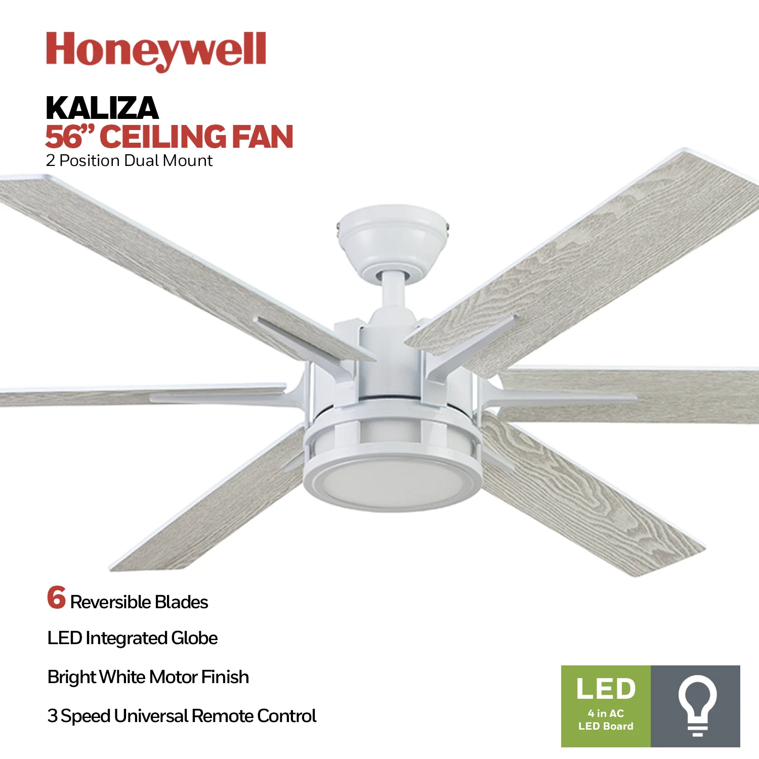 Honeywell 56' Kaliza Bright White Remote Control Ceiling Fan, 6 Blades