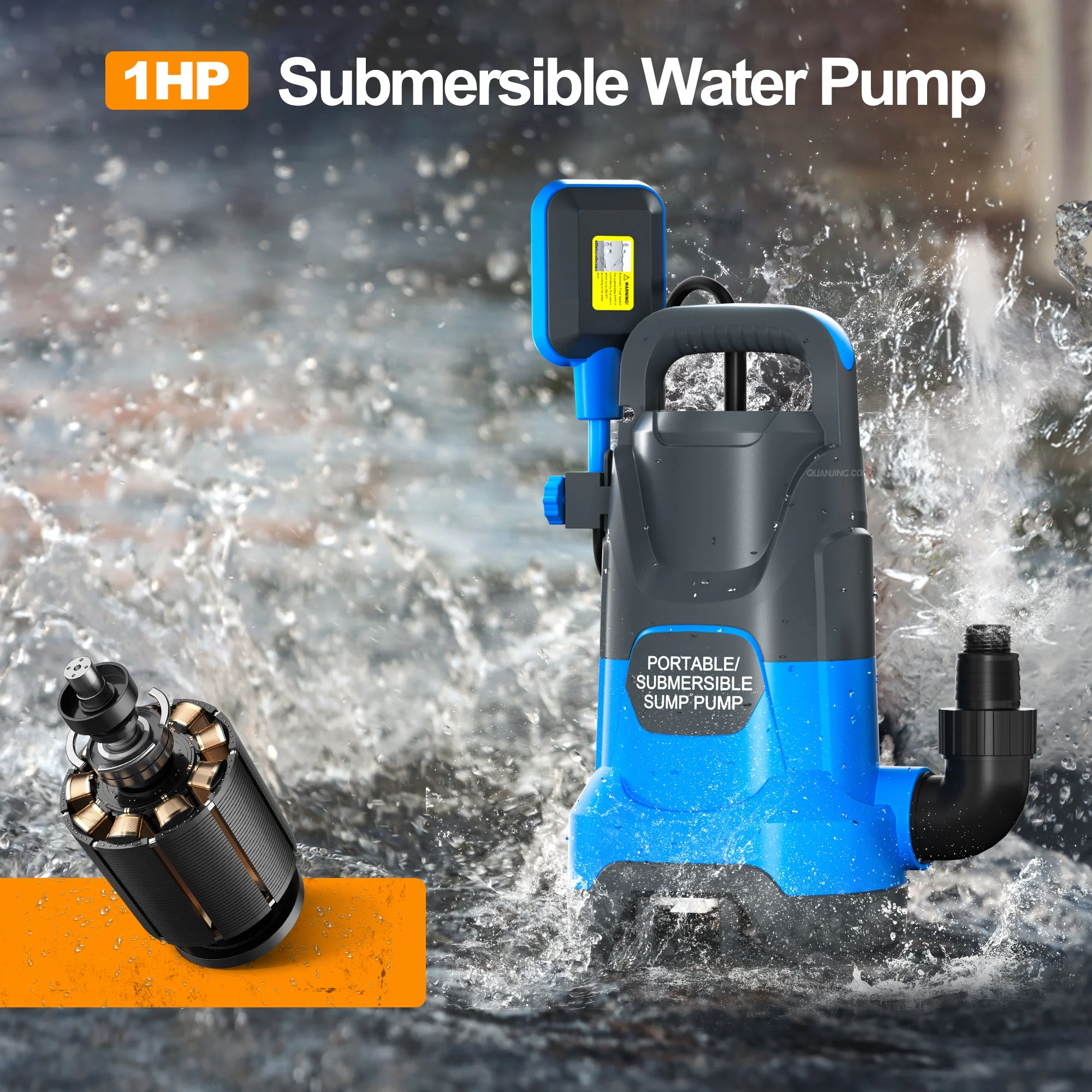 Khloe 1HP Sump Pump Submersible Water Pump 4500GPH Portable Utility Pumps with Automatic Float Switch for Pool Pond Draining Flood Basement Hot Tub Yard Remove Clean/Dirty Water