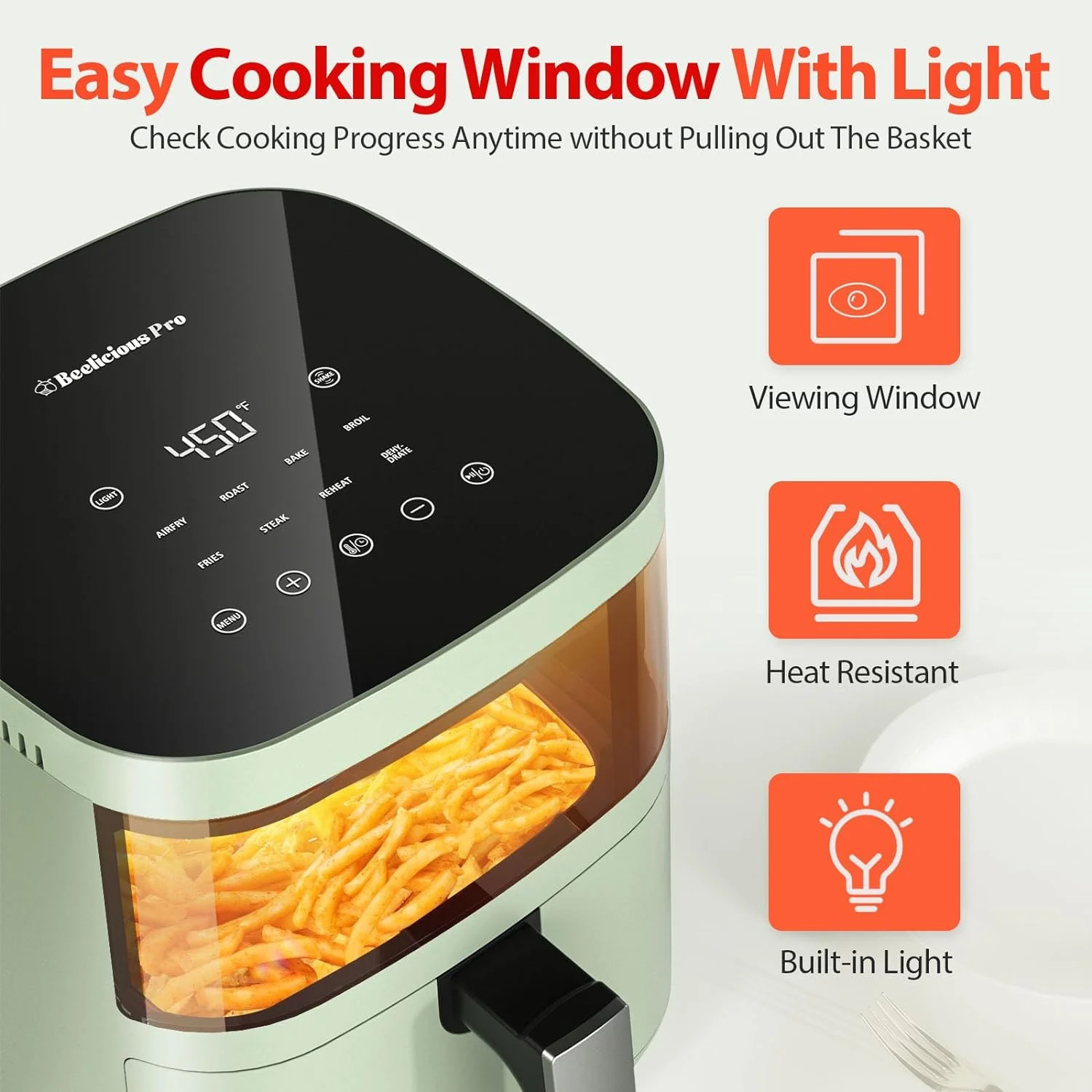 Air Fryer, Beelicious 8-in-1 Smart Compact 4QT Air Fryers, with Viewing Window, Shake Reminder, 450F Digital Airfryer with Flavor-Lock Tech, Dishwasher-Safe & Nonstick, Fit for 2-4 People, Green