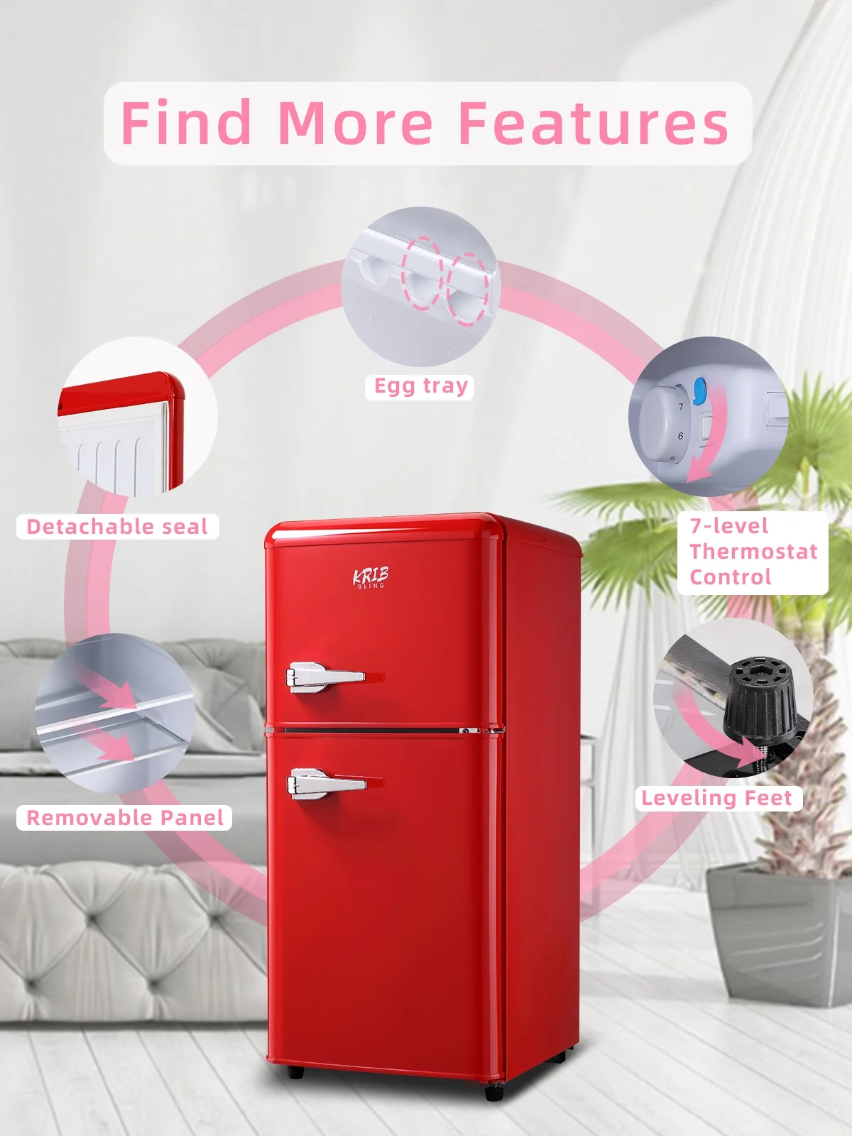 Krib B Compact Refrigerator 3.5 Cu.ft, Mini Fridge with Freezer, Retro Fridge with Dual Door, 7 Grade Temperature Adjustment, Red