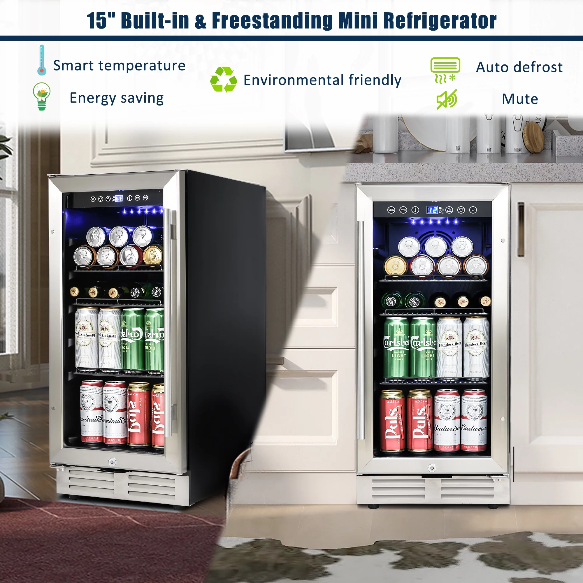 15' Mini Refrigerator Wine Cabinet, 120 Cans, 34-65��F, Adjustable Shelves, LED Lighting, ETL , Touch Controls, Defrost, Double Glass Door, Built-in and Freestanding, for Kitchen/Bar/office