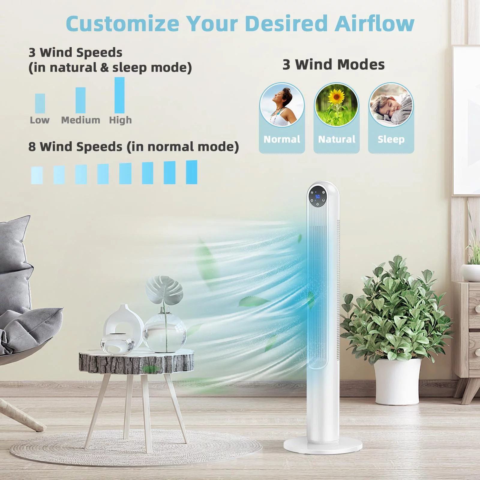 Giantex Tower Fan with Remote Control, Quiet Cooling Fan w/3 Wind Modes, LED Control Panel, Portable Bladeless Standing Fan for Bedroom Living Room Office, White