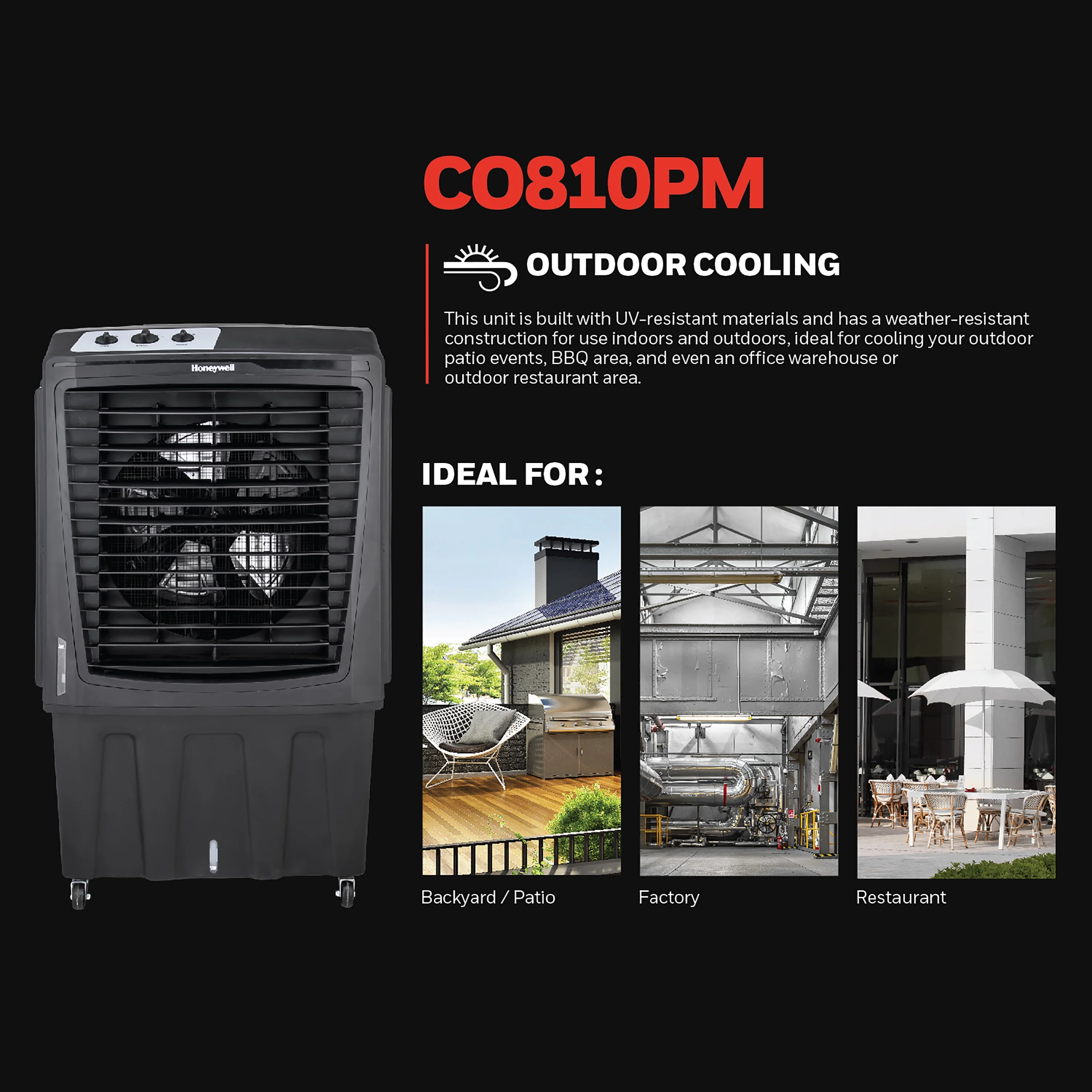 Honeywell 2777 CFM Outdoor Portable Evaporative Cooler & Fan, 33 ft. Air Throw for Large Outdoor Spaces, Black