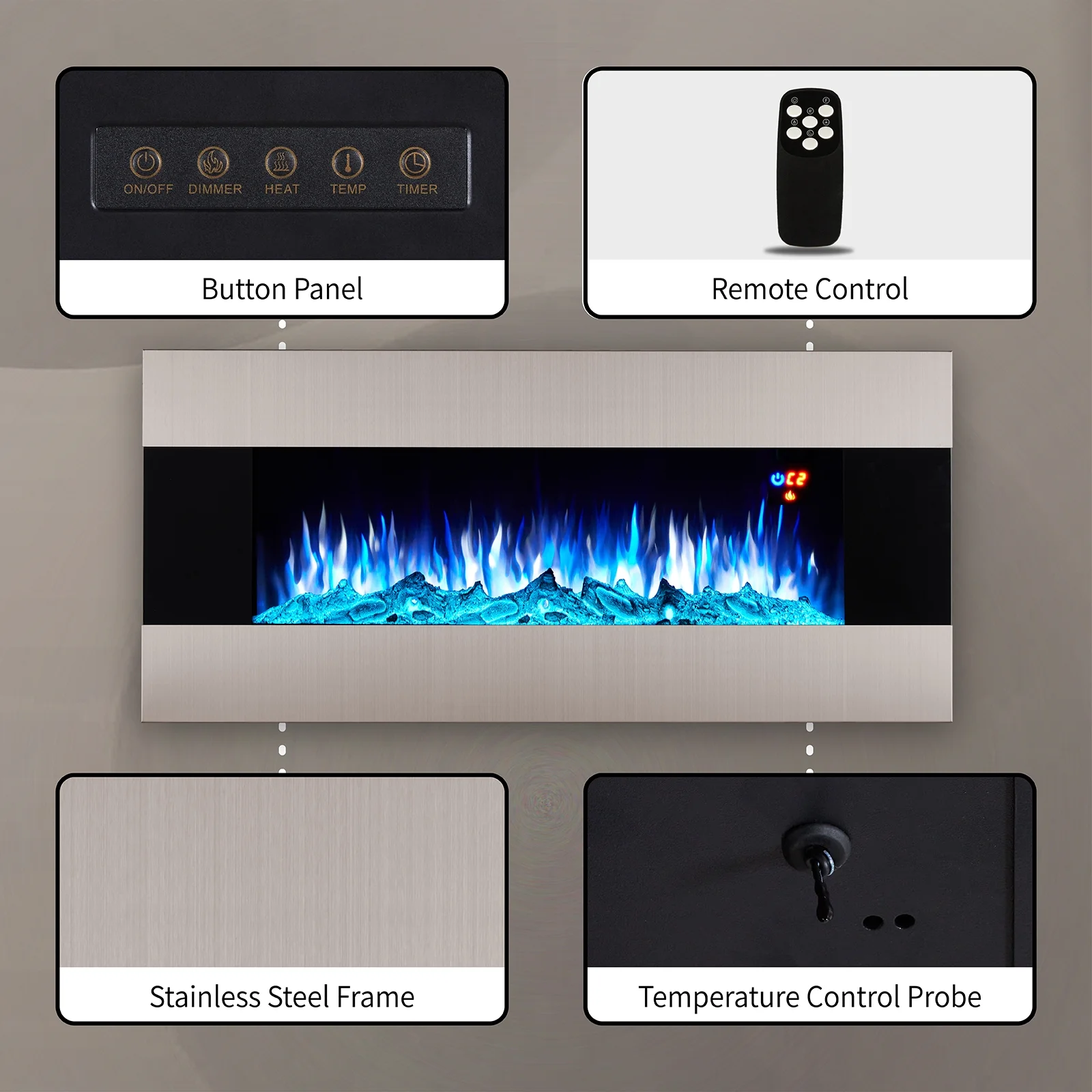 AMERLIFE 40' Wall Mounted Electric Fireplace, Stainless Steel Frame, Black