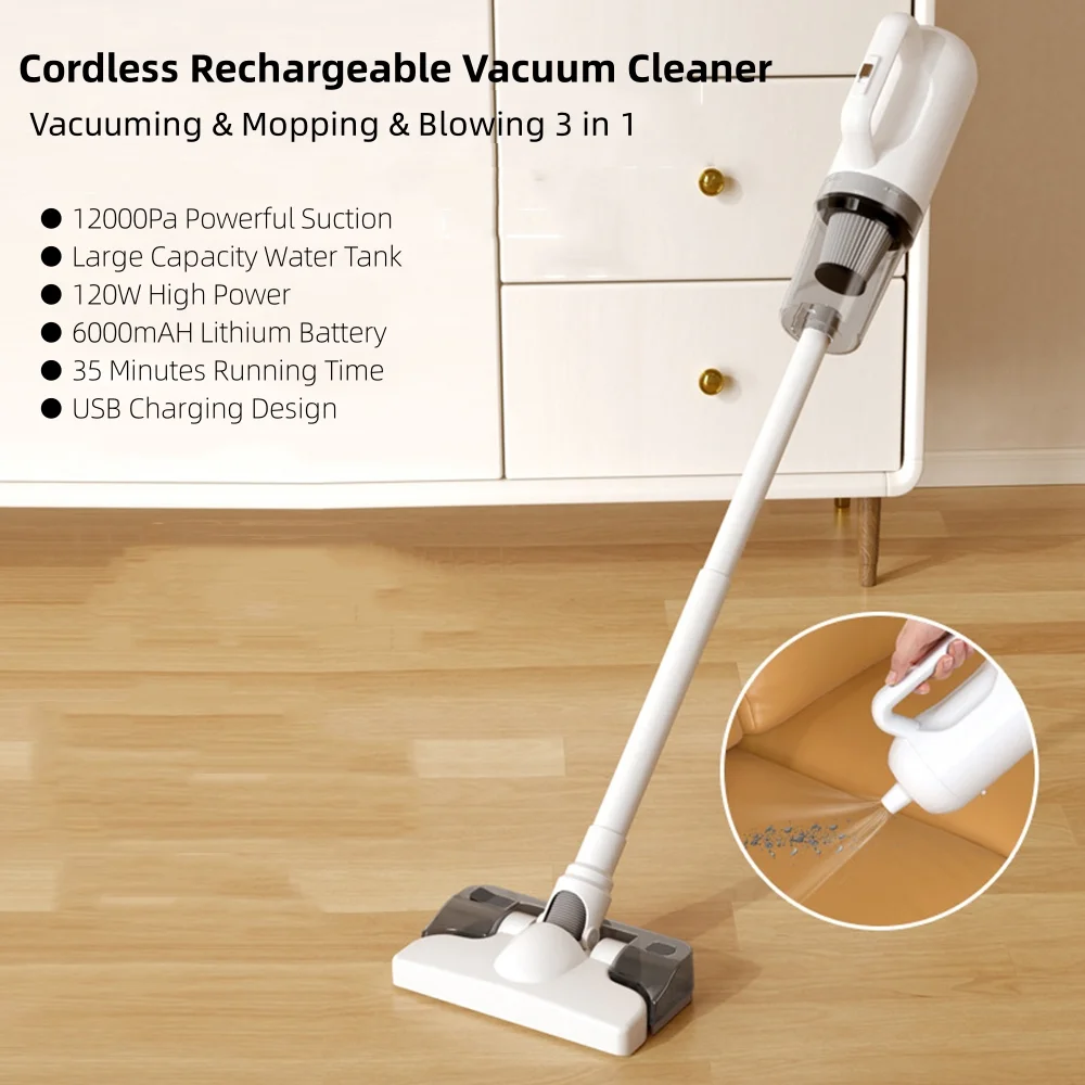 Cordless Stick Vacuum Cleaner and Mop Combo, Vacuum Blower and Mop 3 in 1, 12000pa Suction Stick Vacuum Cleaner Rechargeable Upright Vacuum with Water Tank for Home Hard Floor Pet Hair