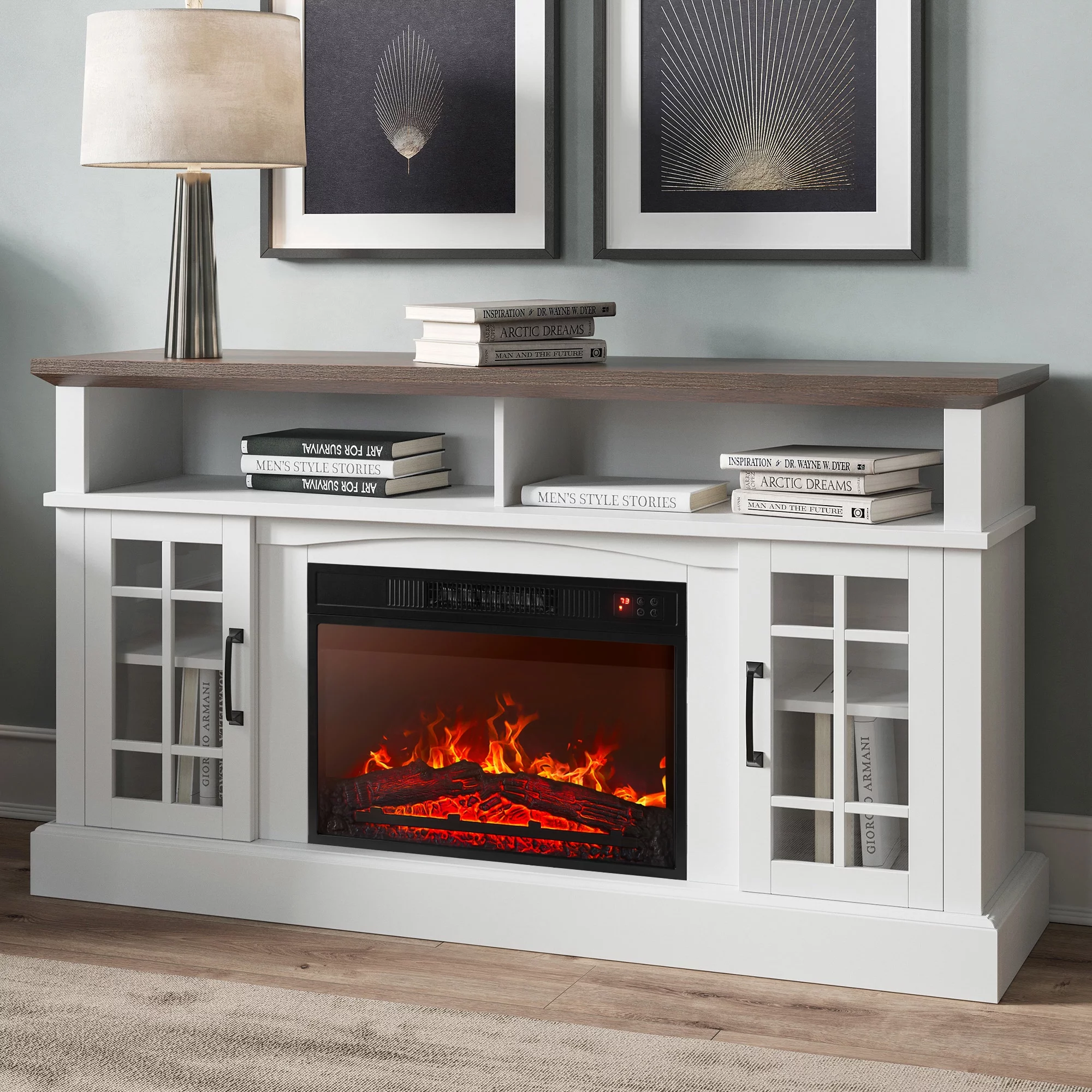 BELLEZE 58' TV Stand with 23' Electric Fireplace, Fireplace TV Console for TV up to 65 Inch, Home Entertainment Center with Storage Cabinet & Adjustable Shelves - Astorga (White)