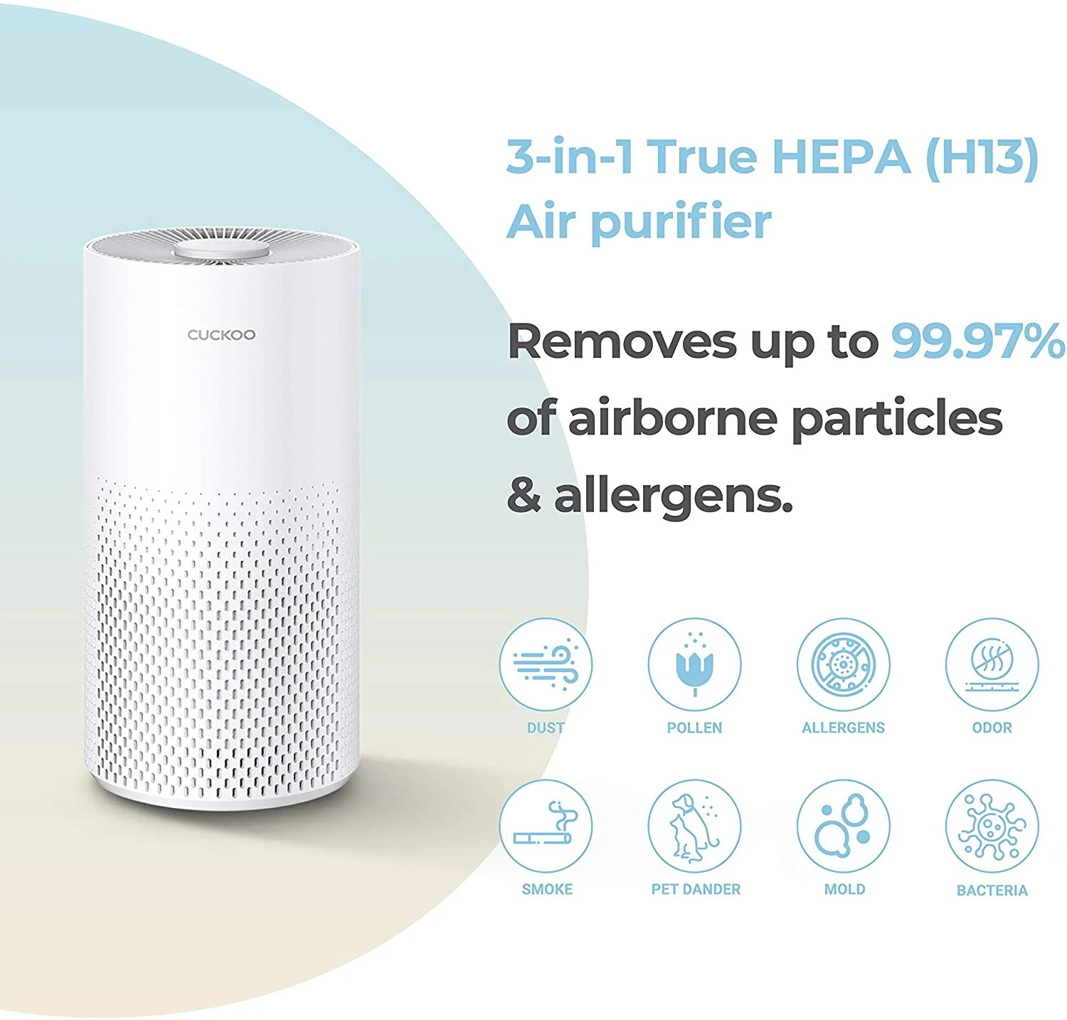 CUCKOO Air Purifier with 3-Stage H13 True HEPA Filter for Bedroom and Office (227 sq. ft.), Activated Carbon Filters 99.97% Odors, Smoke, Dust, Pollen, Pet Dander, Modes, LED, White, CAC-I0510FW