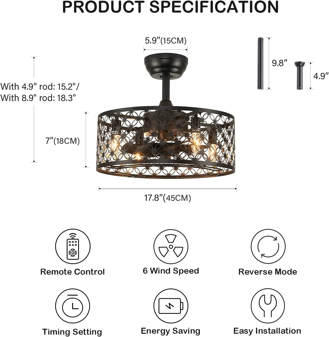 HOOMEDELIER 18�� Caged Ceiling Fan with Light Remote Control, Black Rustic Ceiling Fan with 7 Reversible Blades, Indoor Enclosed Ceiling Fan for Bedroom Farmhouse