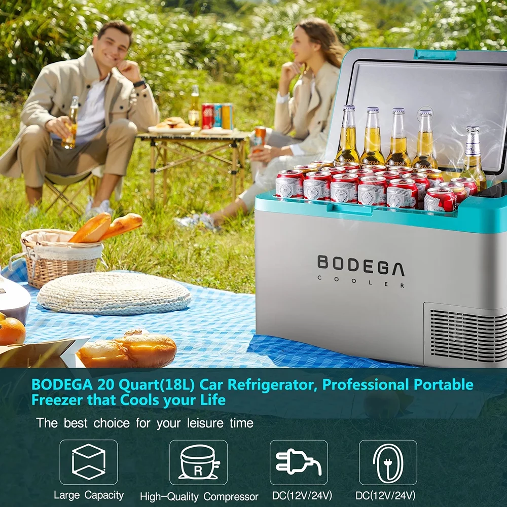 BODEGA 27 Quarts Portable Electric Car Cooler for a Family Trip - 25L RV Refrigerator - Sky Blue