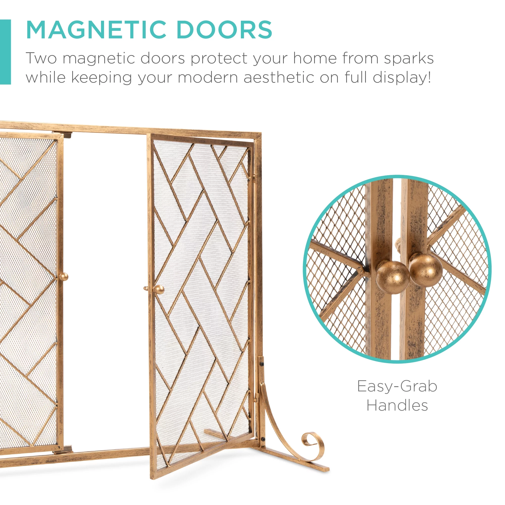 Best Choice Products 44x33in 2-Panel Handcrafted Wrought Iron Geometric Fireplace Screen w/ Magnetic Doors - Gold