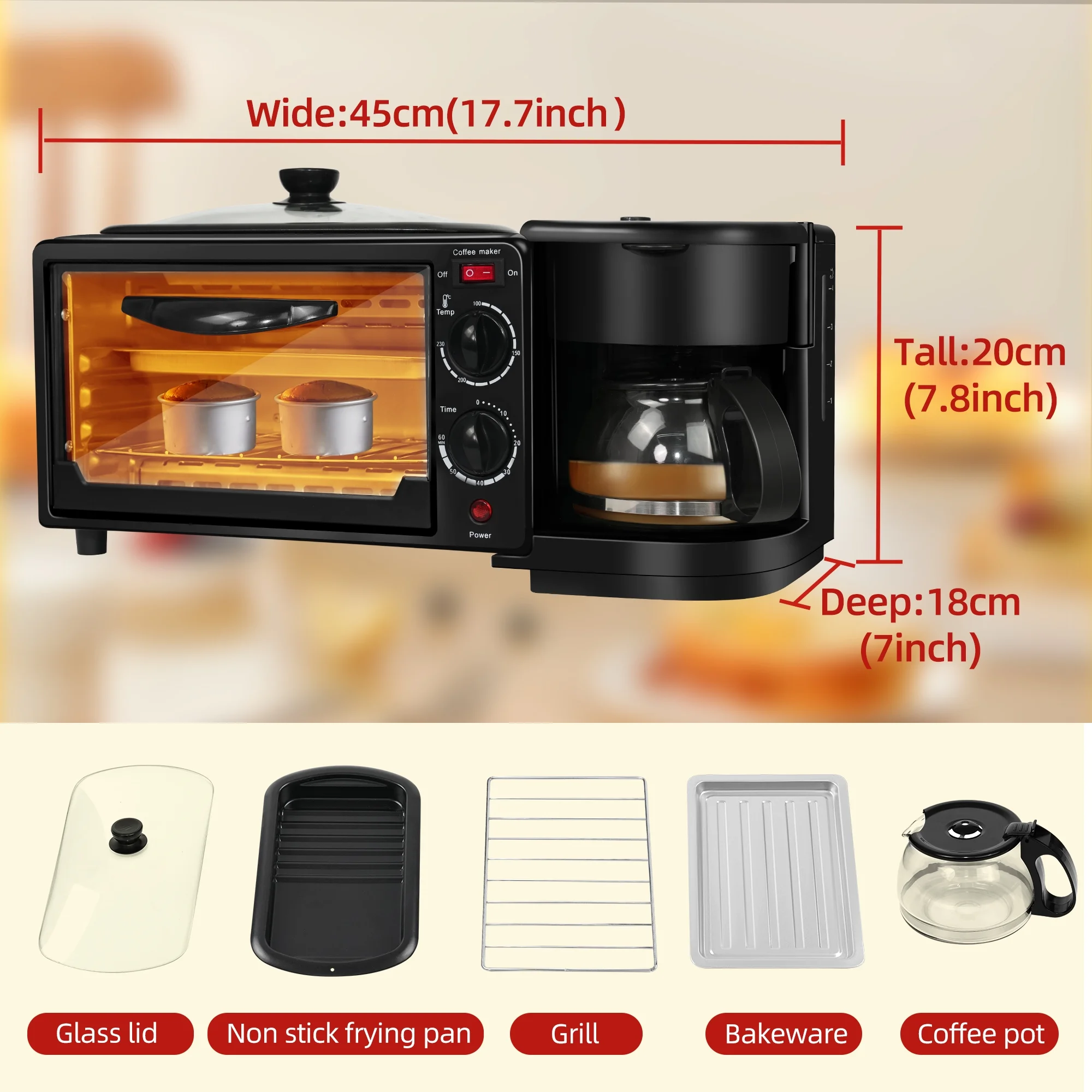 3-in-1 Breakfast Center Station, 4-Slice Countertop Toaster Oven, Non-Stick Griddle with Glass Lid, and 4 Cup Coffee Maker, Versatile Breakfast Maker with 30min Timer, Easter Gift