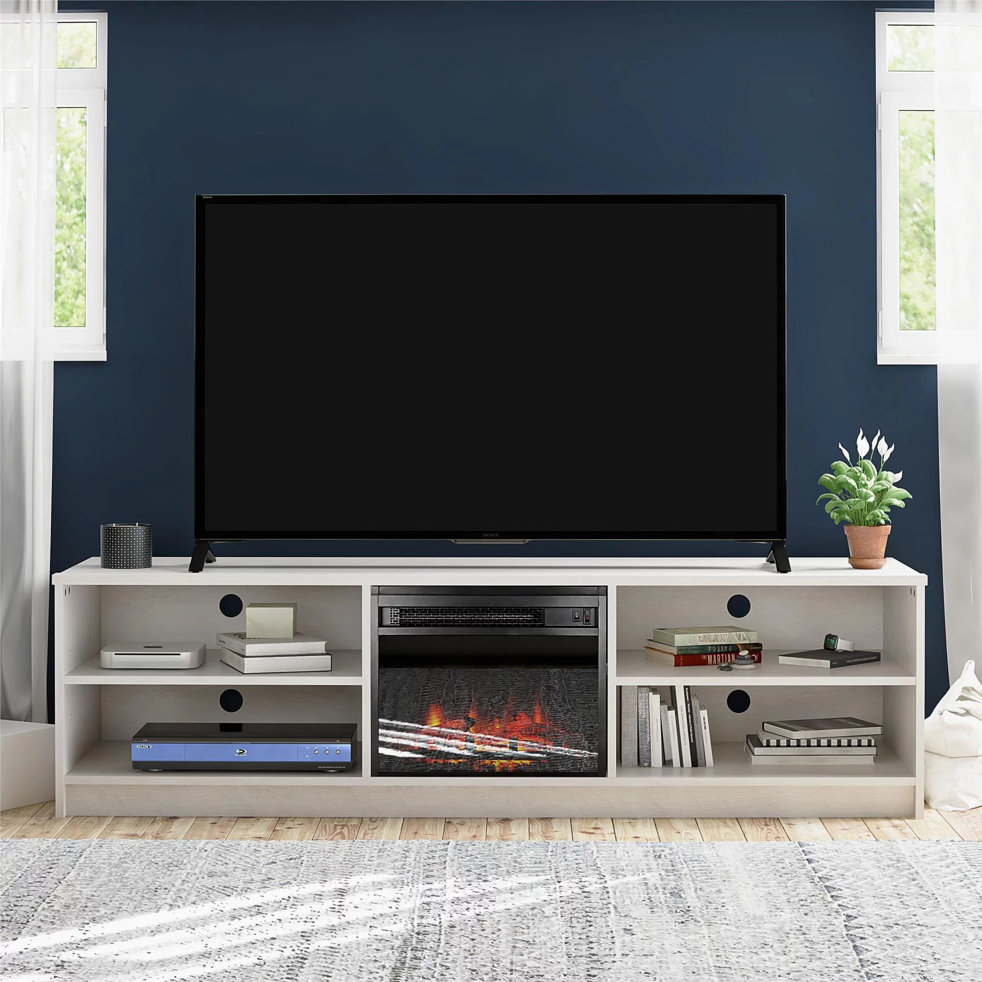 Ameriwood Home Namar Electric Fireplace TV Stand for TVs up to 75in, Ivory Oak