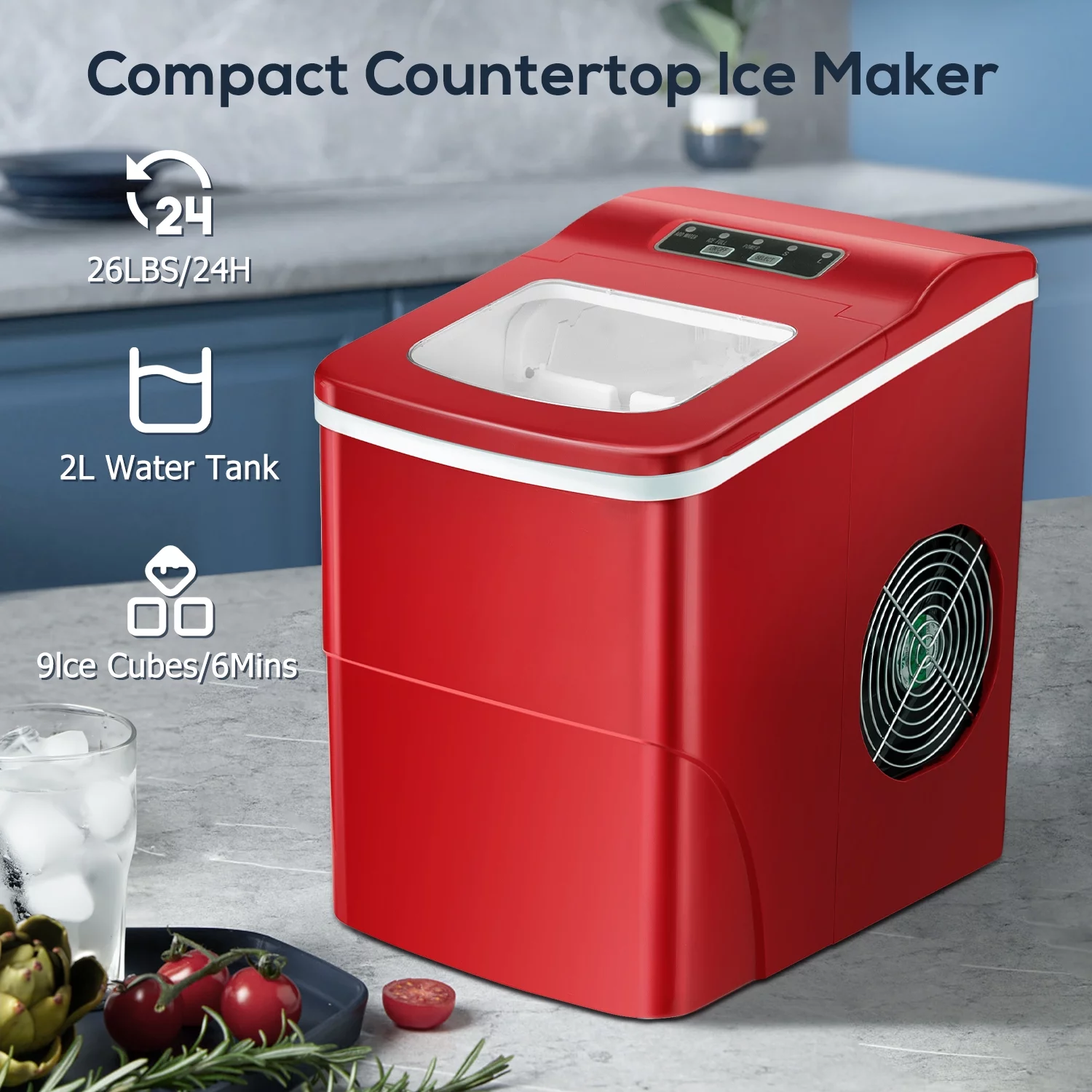 KISSAIR Ice Makers Countertop, 26lbs/24hrs Portable Bullet Cubed Ice Machine, 9 pcs/6-8mins,for Home/Bar/Office(Red)