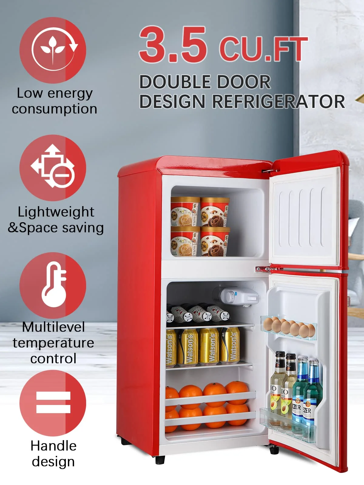 GGTB 3.2 Cu.Ft Two Door Mini Fridge with Freezer, Compact Retro Refrigerator for Dorm, Office, Bar, RV, Bedroom, Red