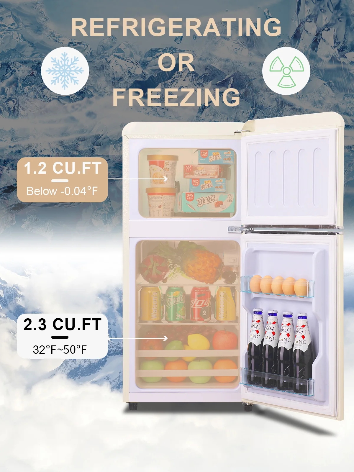 Krib Bling 3.5 Cu.ft Compact Refrigerator, Mini Fridge with Freezer, Retro Design Small Drink Chiller with 2 Door Adjustable Mechanical Thermostat for Home, Office, Dorm, White