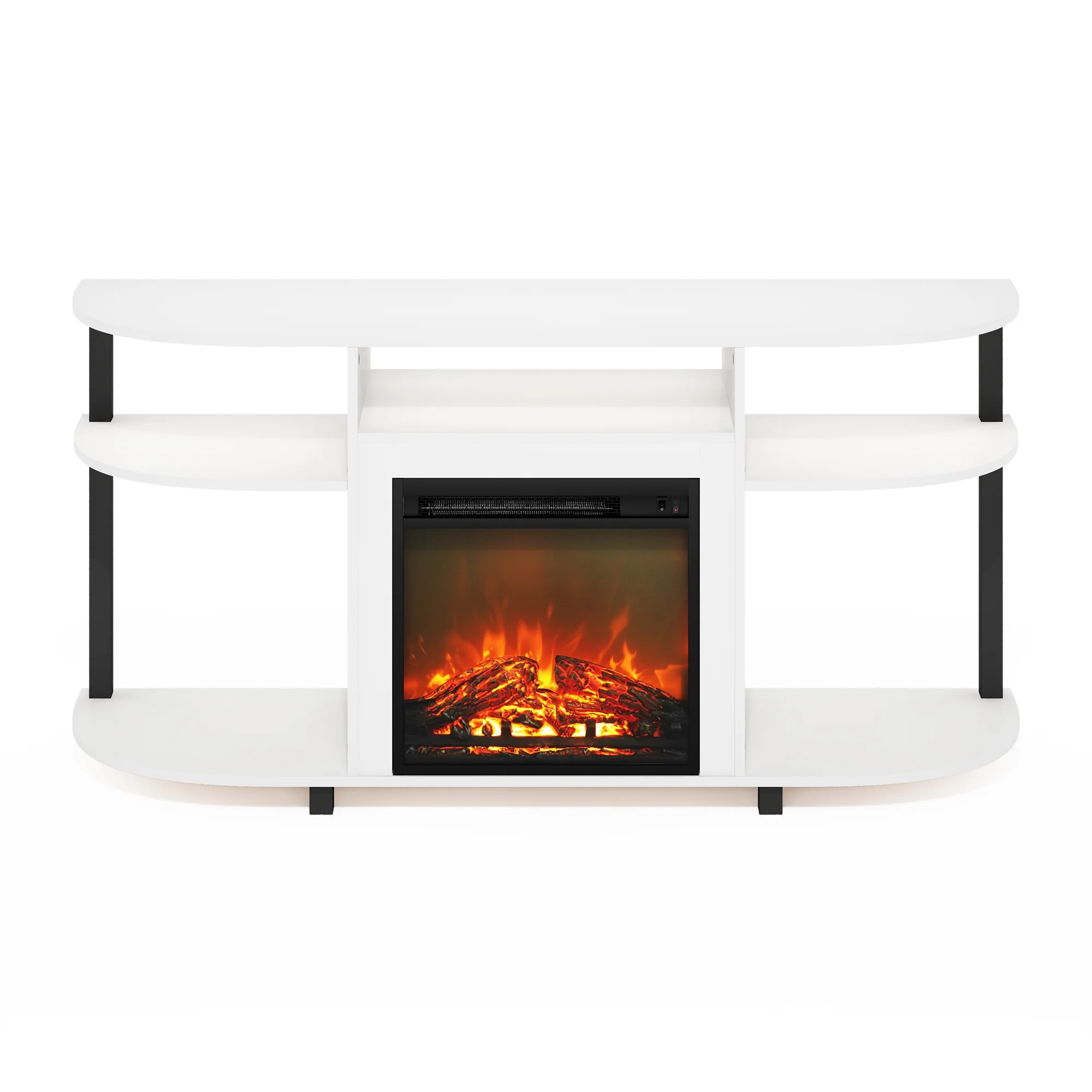 Furinno Jensen Open Storage Curved Entertainment Center Stand with Fireplace for TV up to 55 Inch, Solid White