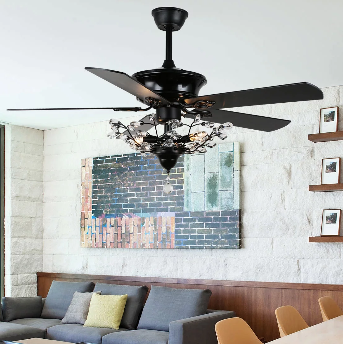 52 Inch Black Modern Crystal Ceiling Fan with 3-Lights, 5 Reversible Blades Ceiling Fan with Remote Control
