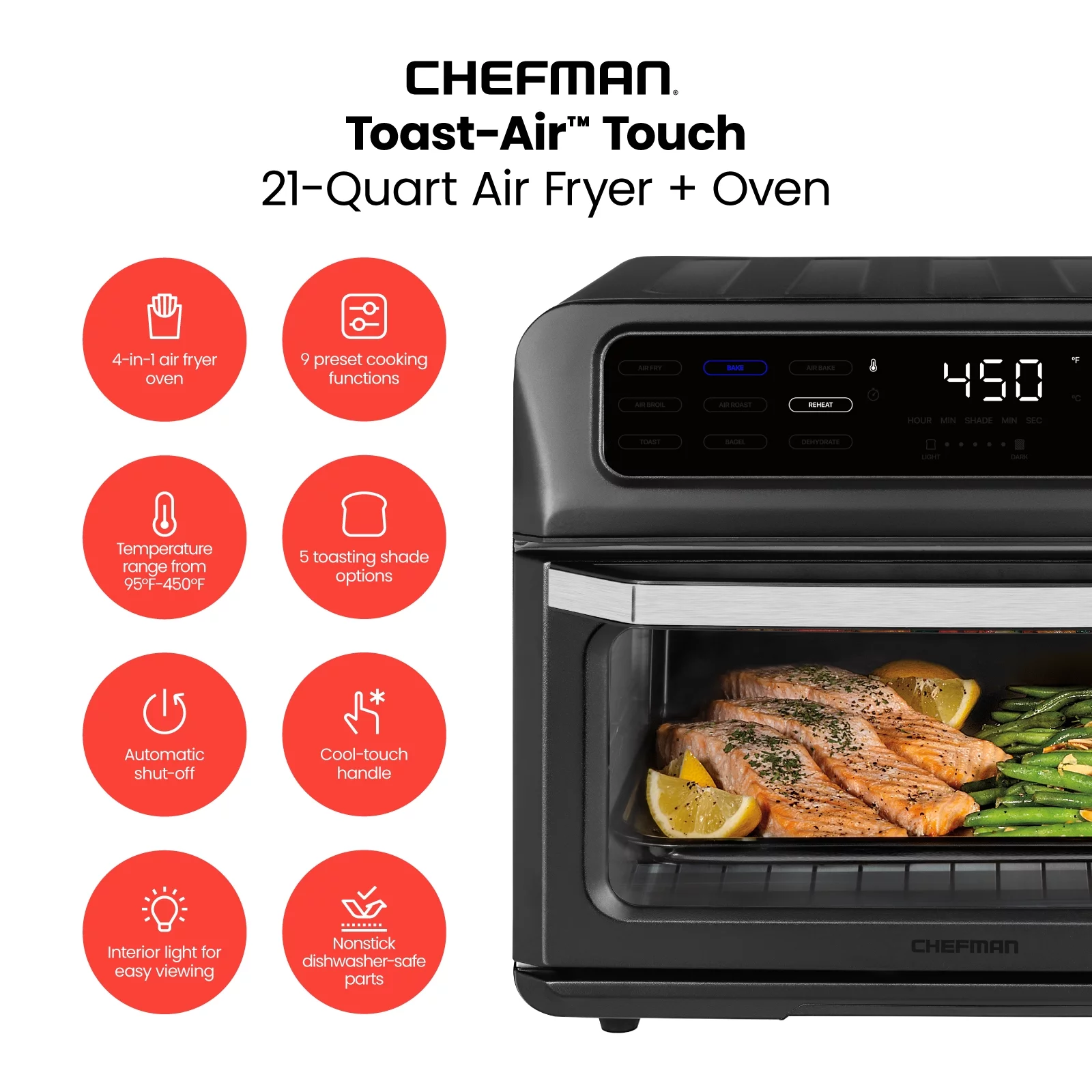 Chefman Toast-Air? Touch Air Fryer + Oven Combo w/ 9 Presets, 21 Qt Capacity - Black Stainless Steel, New