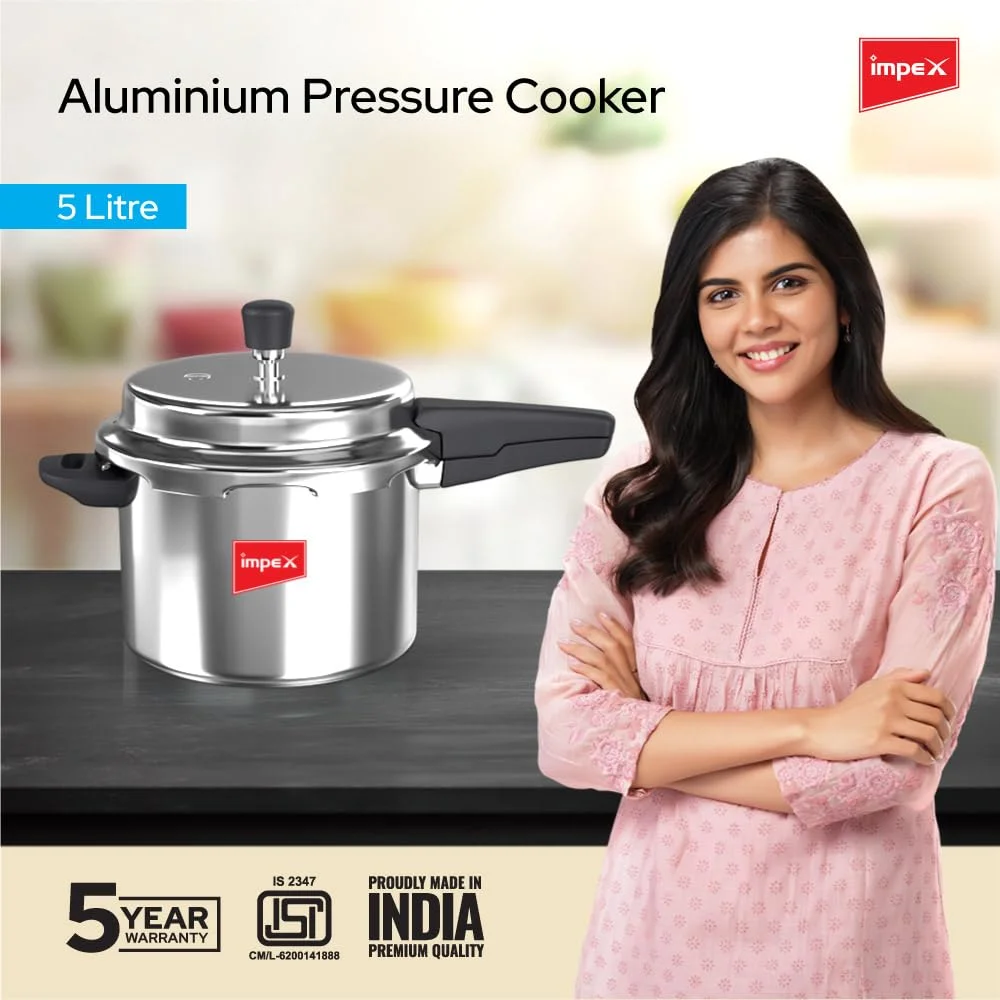 Impex 5 Litre Pressure Cooker With Outer Lid, Pressure Cooker With Quick And Even Heating, Virgin Grade Aluminium Pressure Cooker, 5 Years Warranty (Silver) (Non Inductio
